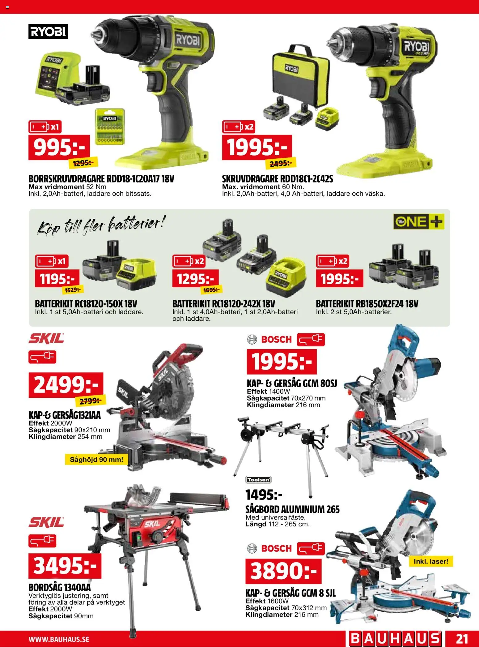 Bauhaus reklamblad aktuell från 01.04.2026 | Sida: 21 | Produkter: Batterier, Skruvdragare, Laddare