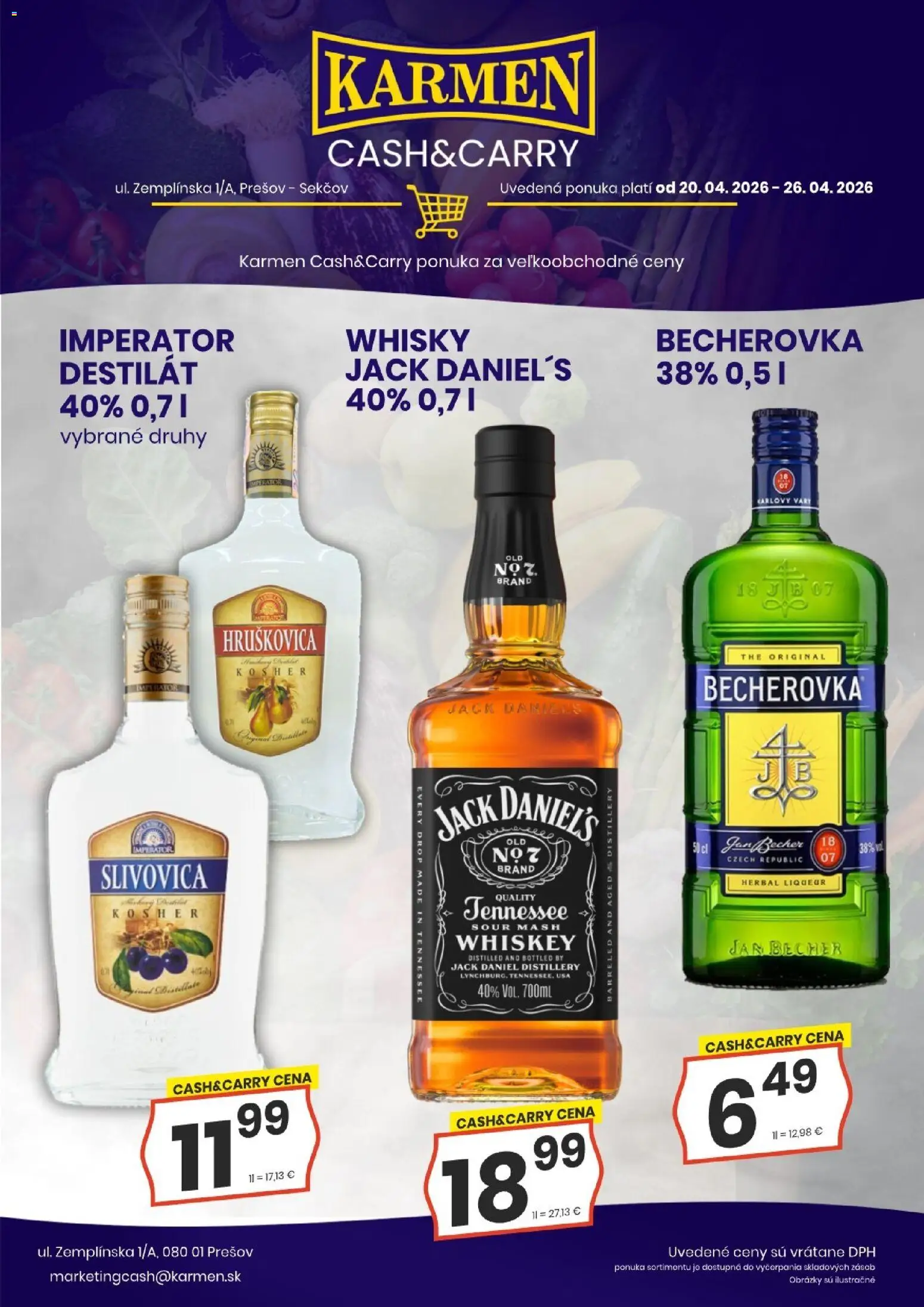 Nové KARMEN CBA akcie – leták je platný od 20.04.2026 | Strana: 1 | Produkty: Becherovka, Slivovica, Whisky, Destilát