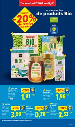 LIDL - Prévisualisation de Petits pois très fins Bio, 600 g petits pois très fins Bio valide à partir de 26.02.2026 | Page: 9 | Produits: Poire, Compote en gourde, Gourde, Riz