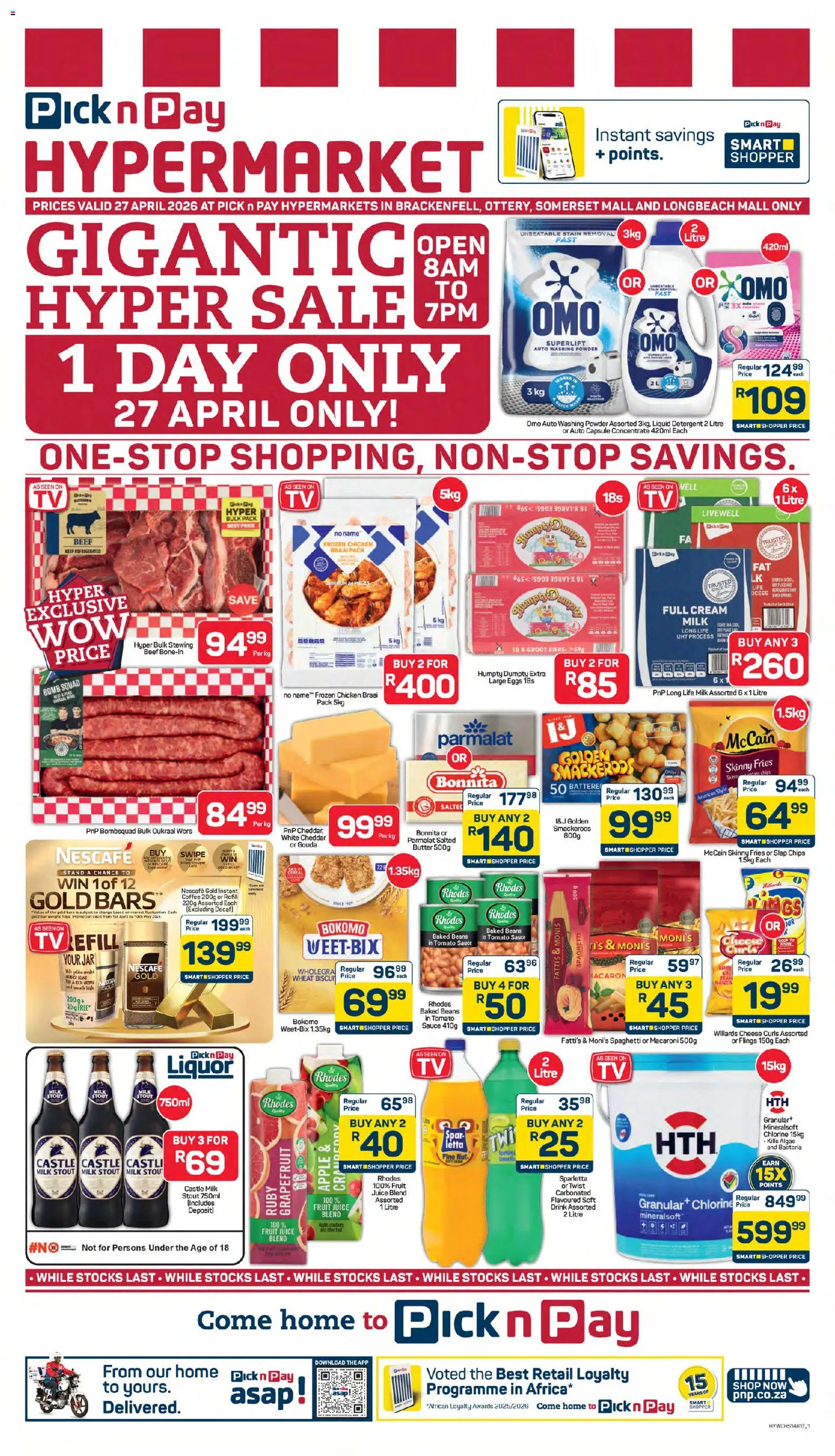 New Pick n Pay catalogue – valid from 27.04.2026 | Page: 1 | Products: Baked beans, Butter, Chips, Detergent