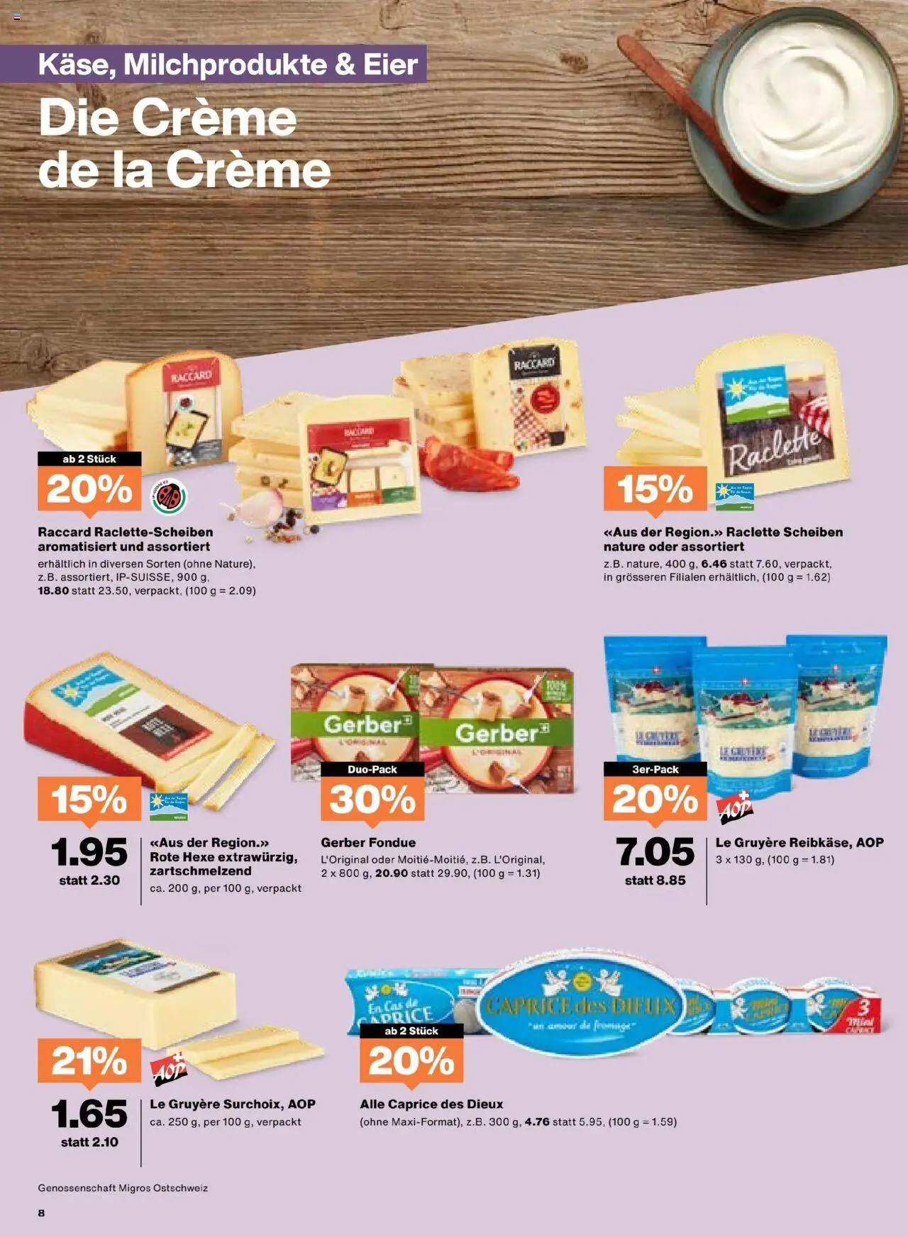 Migros Aktionen – gültig ab 21.10.2025 | Seite: 8 | Produkte: Eier, Raclette, Fondue, Creme