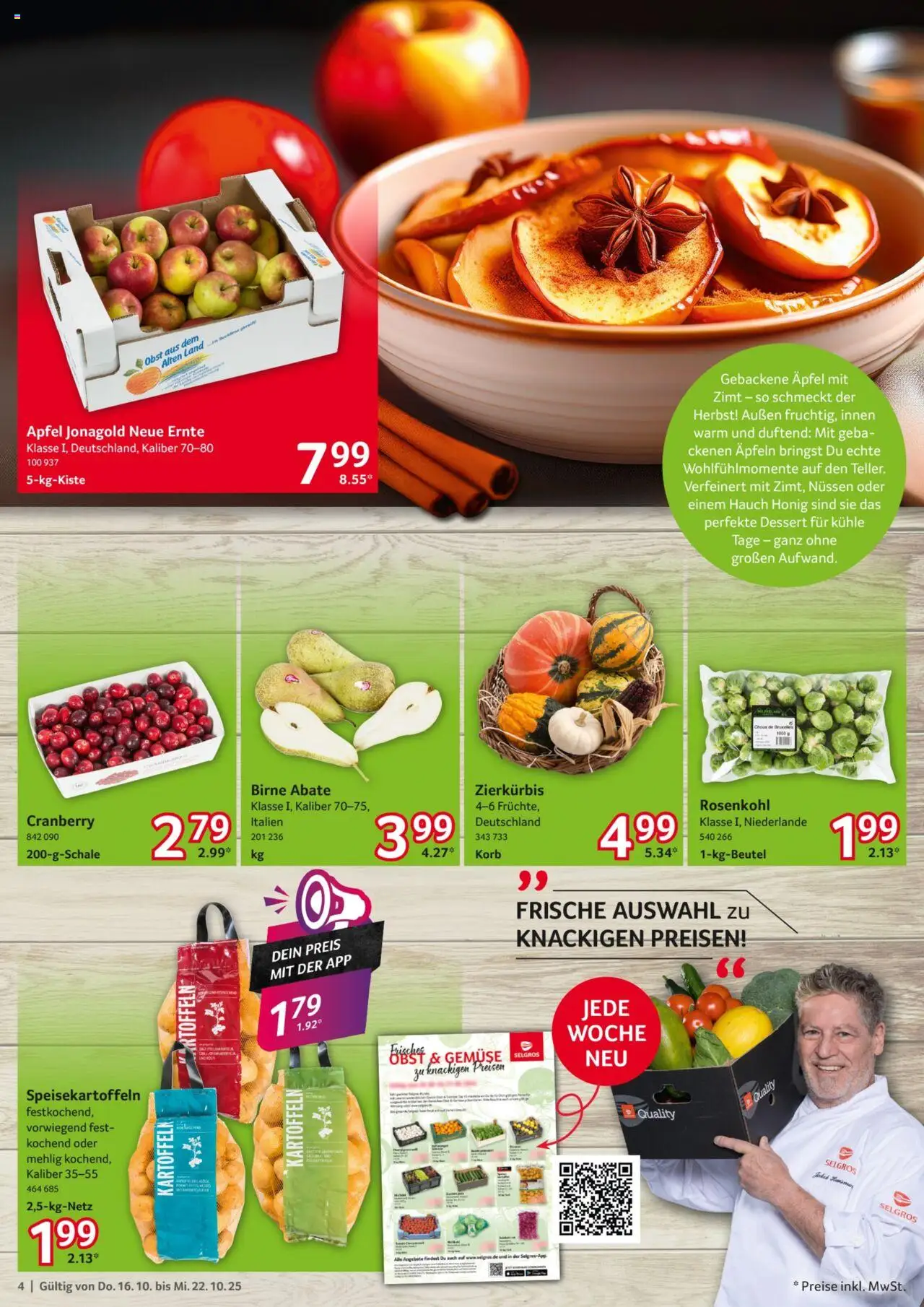 Selgros Prospekt 	 – gültig ab 16.10.2025 | Seite: 4 | Produkte: Äpfel, Kartoffeln, Gemüse, Birne