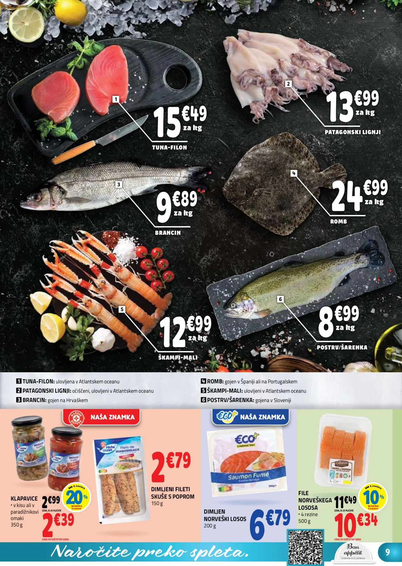 Novi E.leclerc katalog ponudbe – veljaven od 25.03.2026 | Stran: 9 | Izdelki: Lignji, Losos, Klapavice