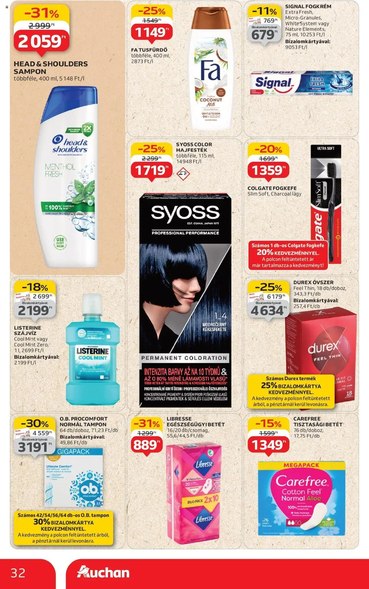 Auchan akciós ujság - amely érvényes a következő dátumtól: 07.08.2025 | Oldal: 32 | Termékek: Tisztasági betét, Fogkrém, Fogkefe, Szájvíz