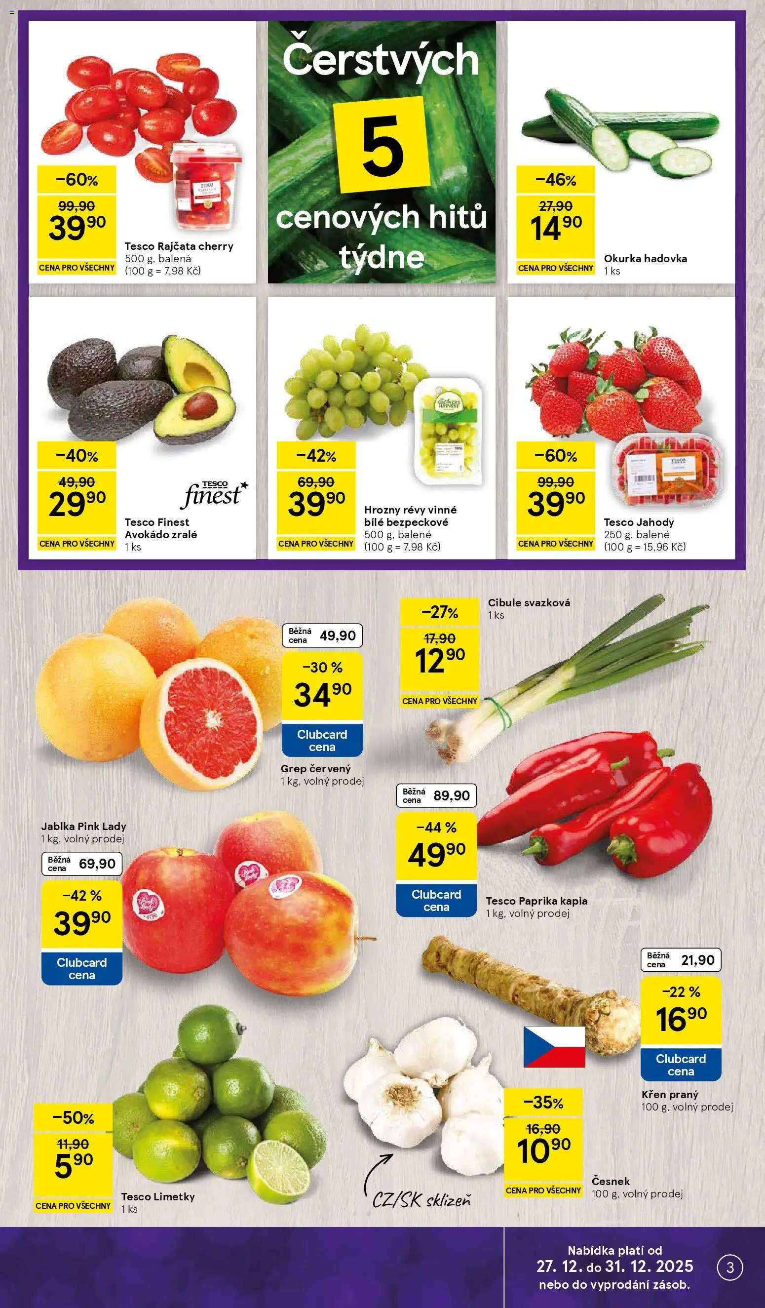Tesco leták - Hypermarket od 27.12.2025 | Strana: 3 | Produkty: Rajčata, Hrozny, Pink Lady, Okurka