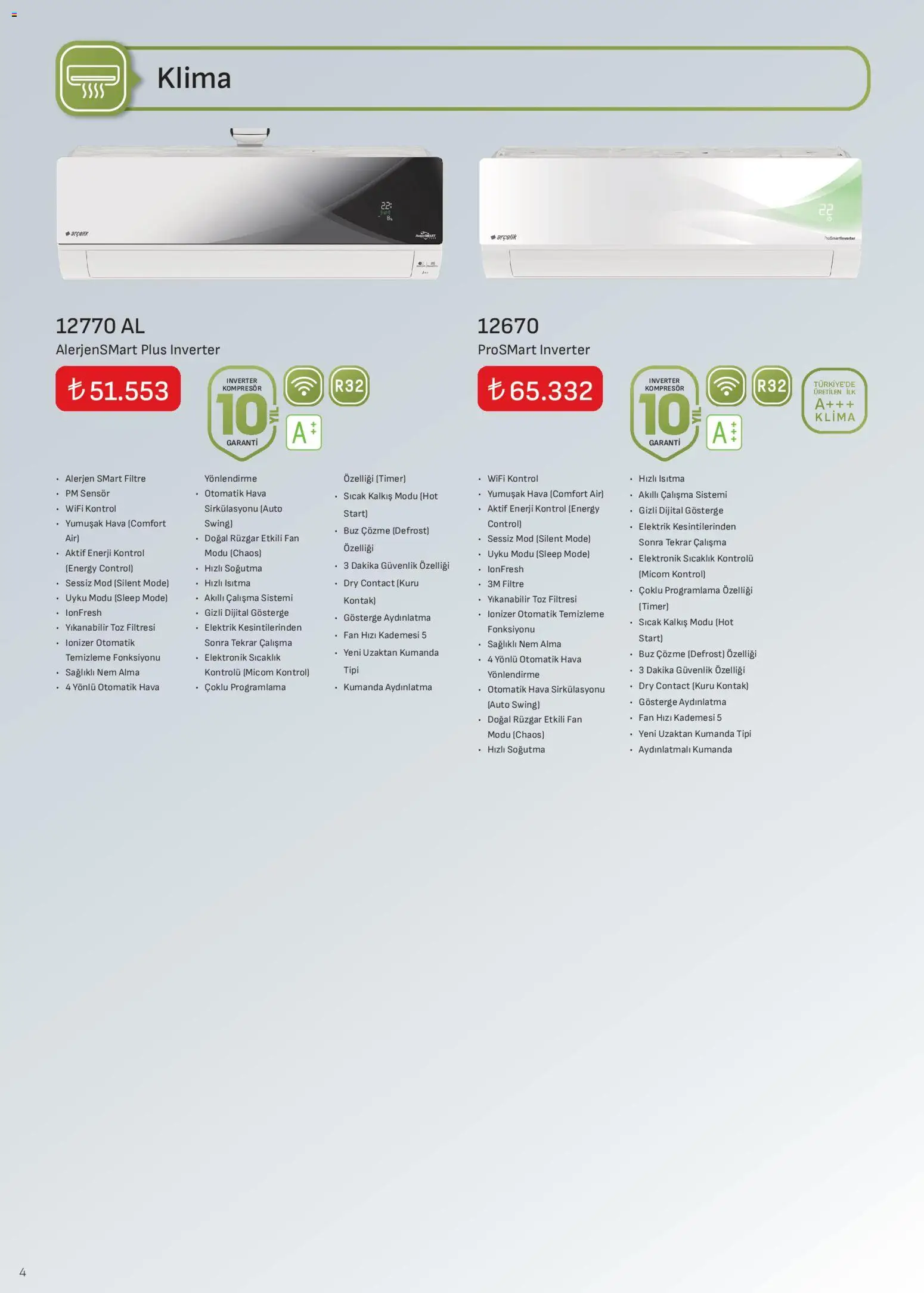 Arçelik - İklimlendirme Kataloğu - 01.04.2026 tarihinden itibaren geçerlidir | Sayfa: 4 | Ürünler: Klima, Fan