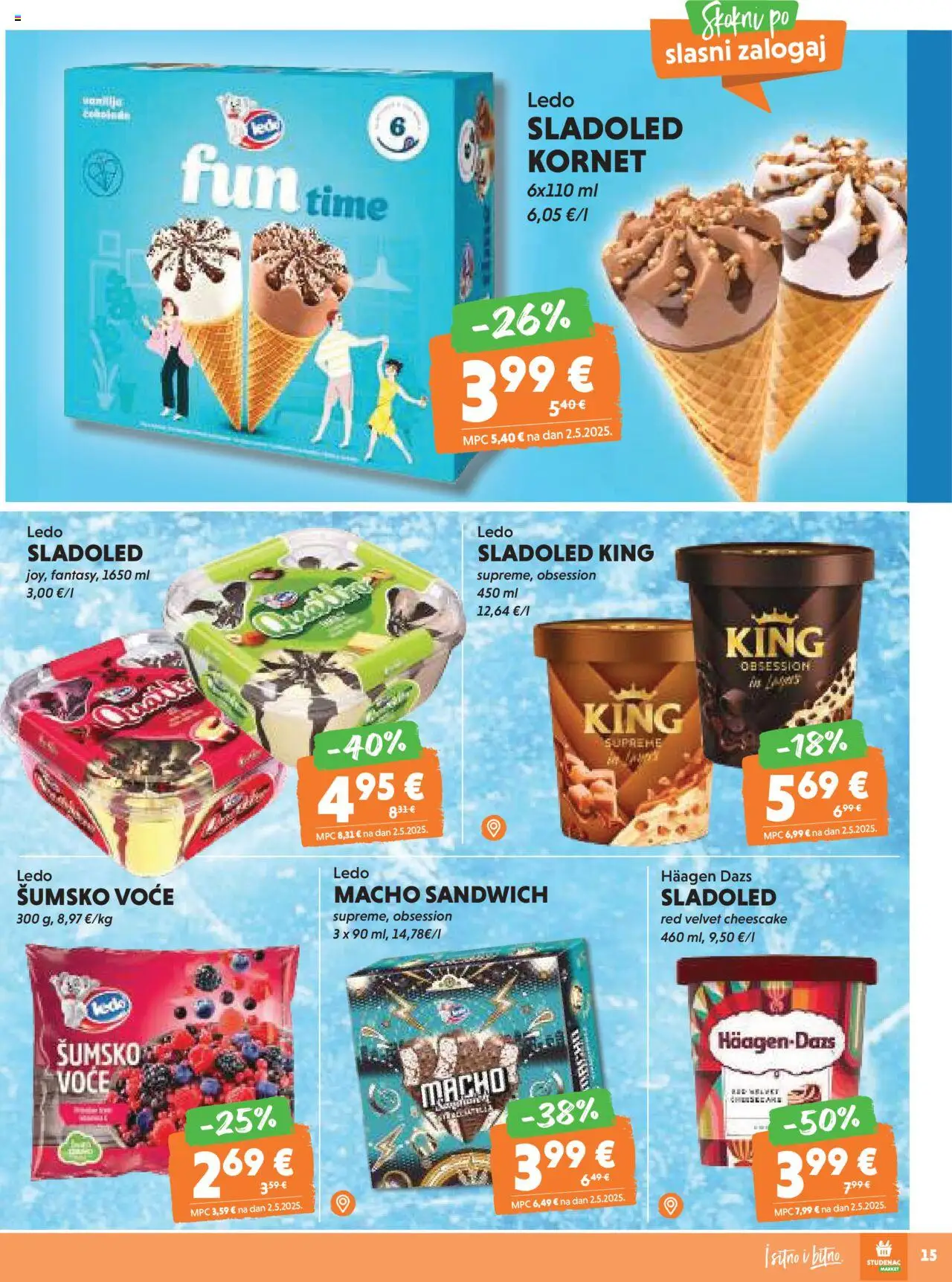 Studenac katalog | vrijedi od 10.09.2025 | Stranica: 15 | Proizvodi: Šumsko voće, Ledo, Sladoled, Kornet