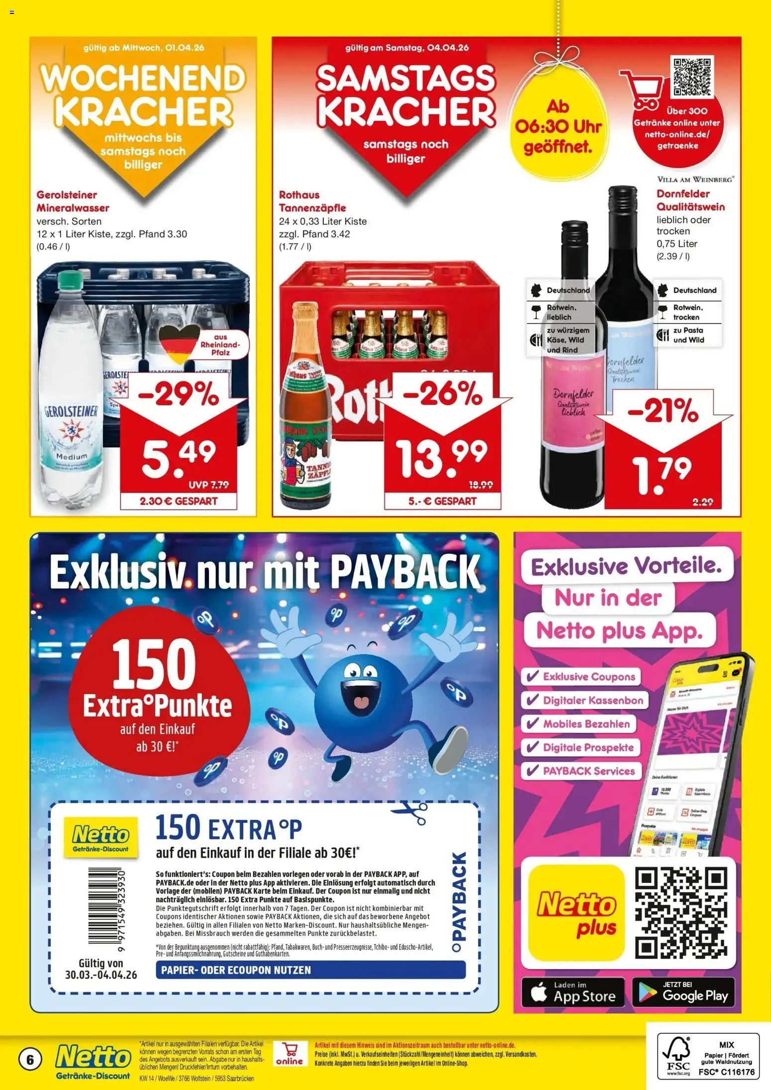Netto Marken-Discount Prospekt Saarbrücken	 – gültig ab 30.03.2026 | Seite: 6 | Produkte: Mineralwasser, Pasta, Uhr, Gerolsteiner