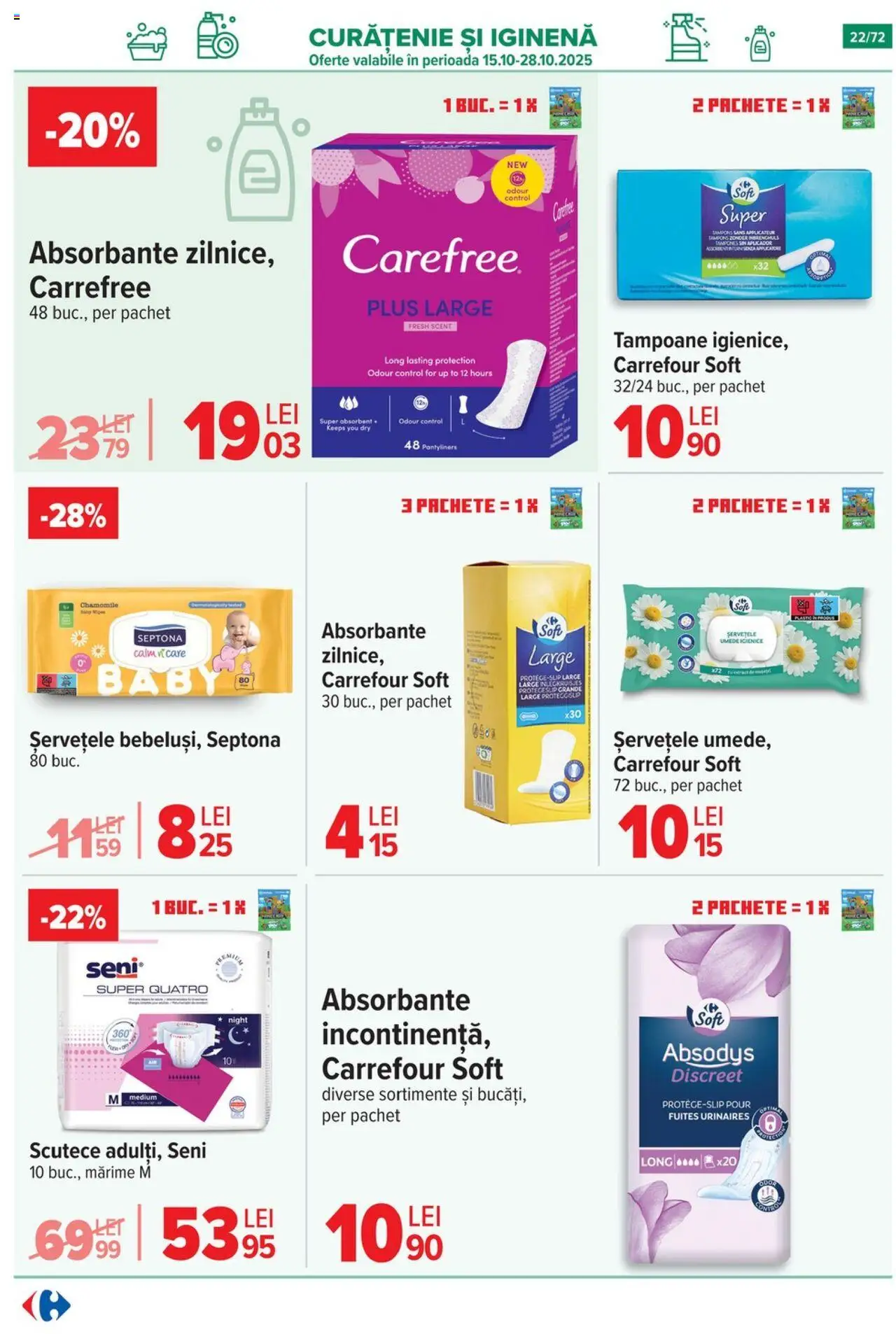 Noul catalog Carrefour – valabil de la 15.10.2025 | Pagină: 23 | Produse: Absorbante, Scutece, Tampoane