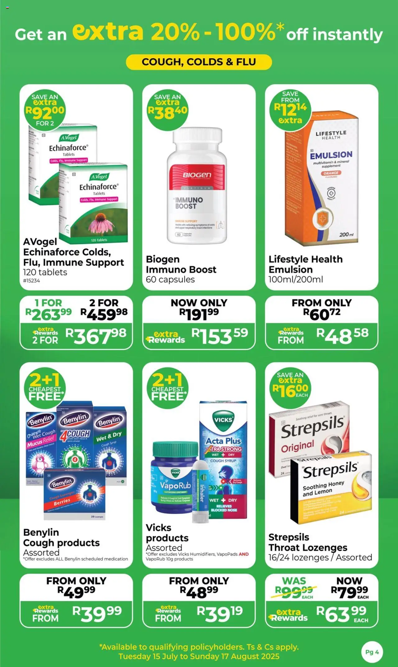 New Dis-Chem catalogue – valid from 15.07.2025 | Page: 4 | Products: Cough syrup, Lozenges, Syrup, Lemon
