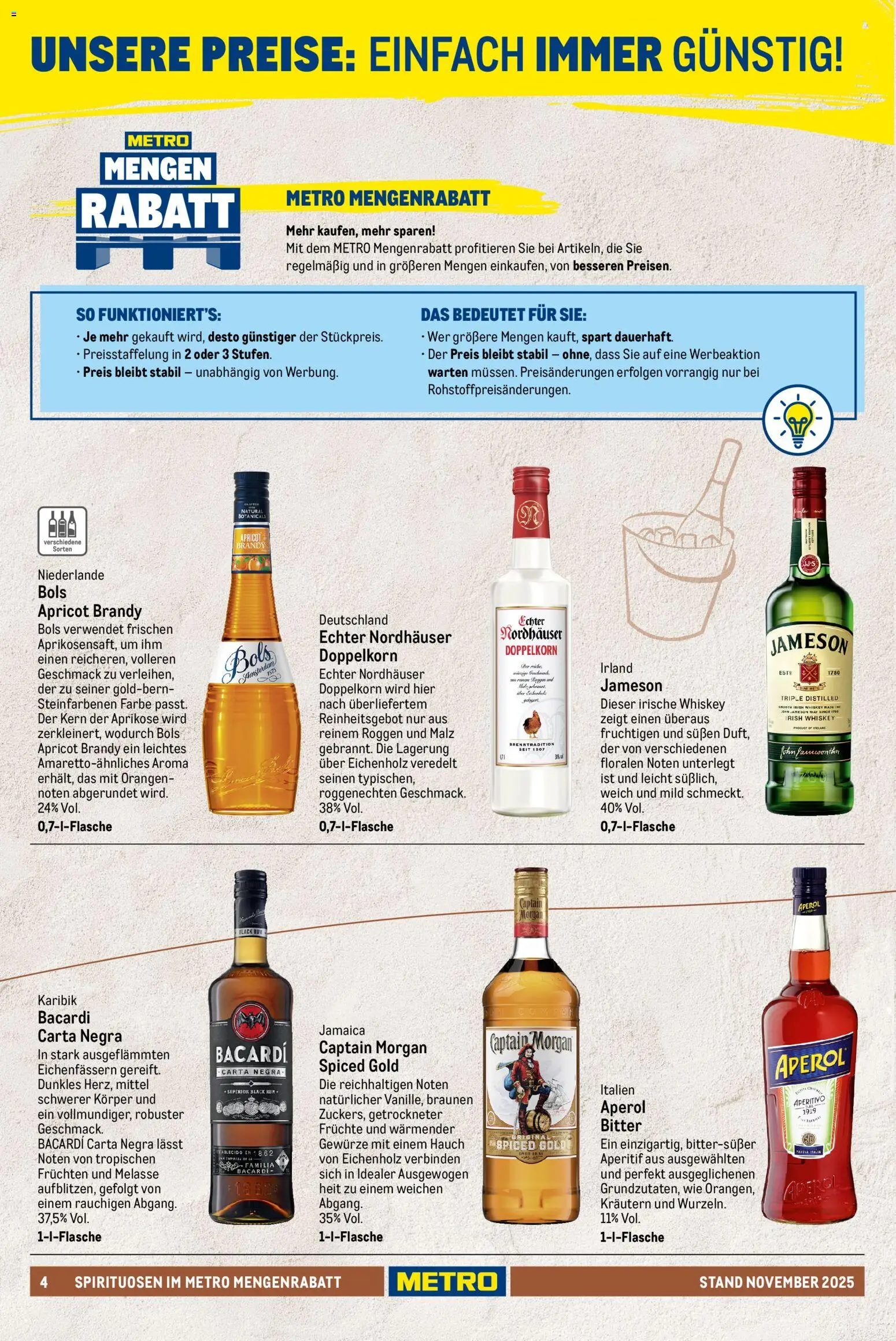 Metro - Spirituosen Sortiment – gültig ab 01.12.2025 | Seite: 4 | Produkte: Bacardi, Orangen, Gewürze, Aperol