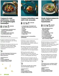 Rode bietencarpaccio met truffel en hazelnoten, 500 g Biologisch PLUS gekookte bieten, 1 klein sjalotje, 2 el hazelnoten, 2 el olijfolie extra vierge, 2 tl rode wijnazijn, 1½ tl vloeibare honing, 25 g rucolamelange, 1 spuitzak Feestelijk PLUS Verse roomkaas truffel - Voorbeeld van een folder van Plus, geldig van 29.11.2025 | Pagina: 8