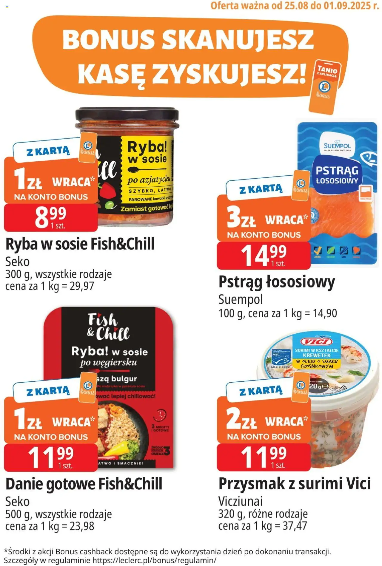 E.Leclerc Gazetka - Kupony dodatkowe od 25.08.2025 | Strona: 1 | Produkty: Karta, Bulgur, Surimi, Pstrąg łososiowy