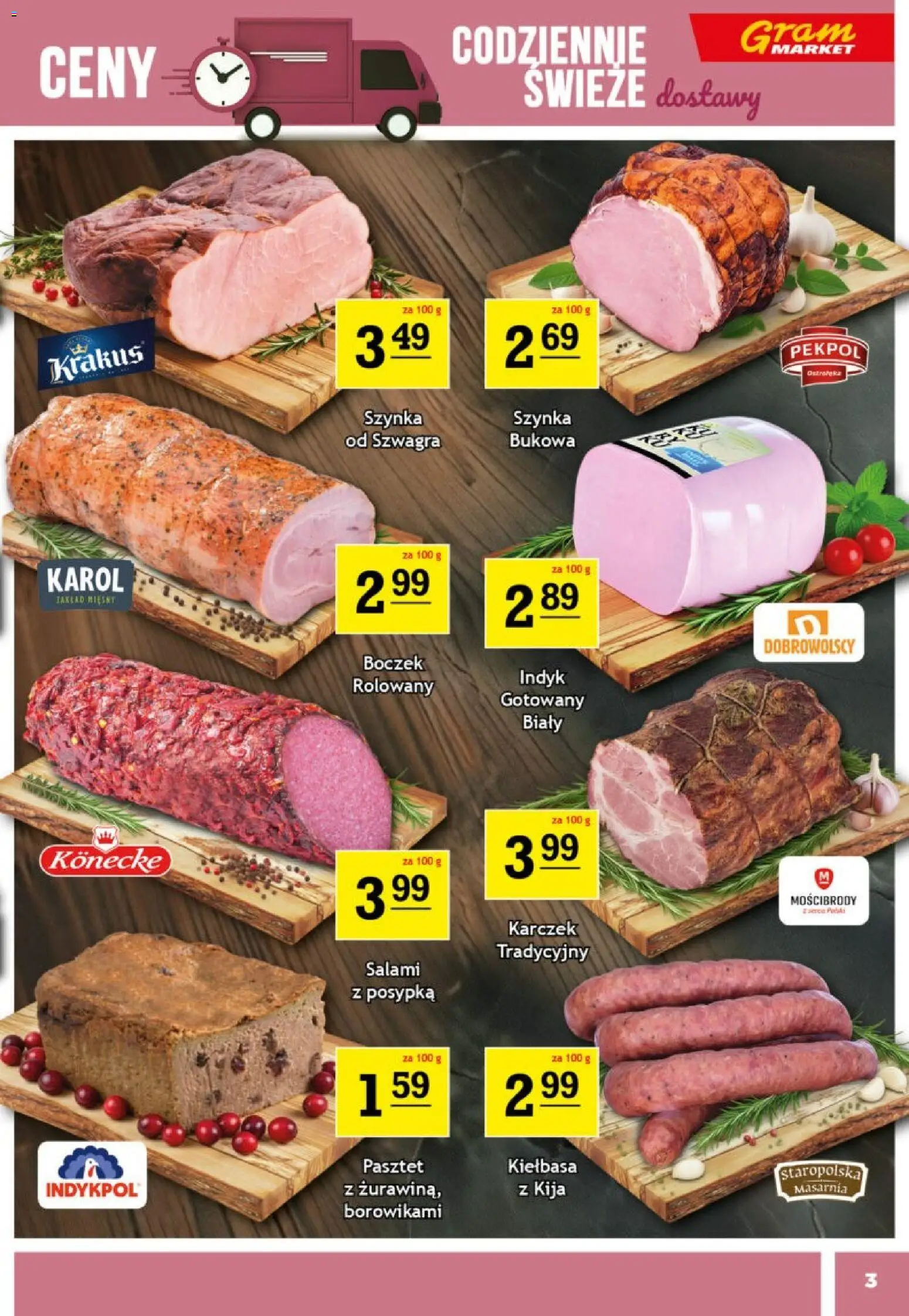 Gram Market Gazetka od 11.02.2026 | Strona: 3 | Produkty: Kiełbasa, Szynka, Boczek, Salami