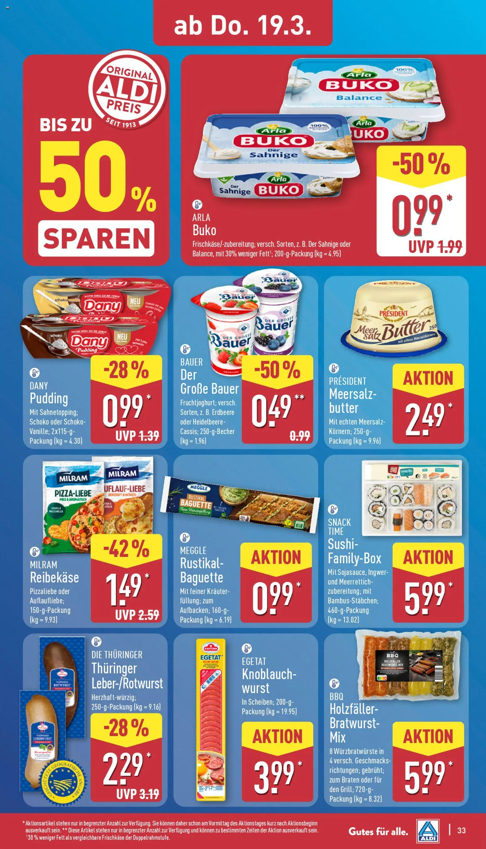 Aldi Prospekt 	 – gültig ab 16.03.2026 | Seite: 33 | Produkte: Butter, Baguette, Wurst, Reibekase