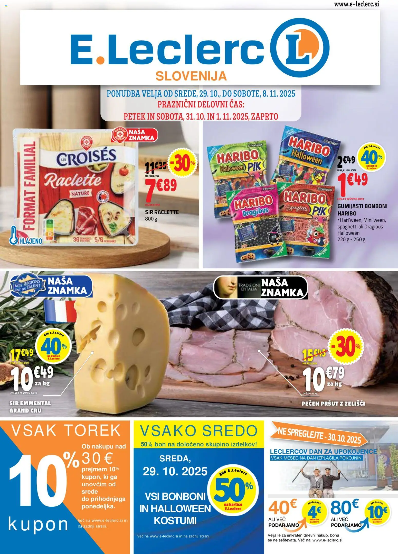 Novi E.leclerc katalog ponudbe – veljaven od 29.10.2025 | Stran: 1 | Izdelki: Pršut, Bonboni, Sir
