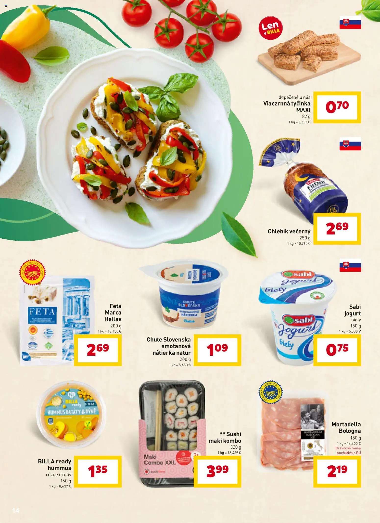 Nové Billa akcie – leták je platný od 02.01.2026 | Strana: 14 | Produkty: Jogurt, Feta, Bravčové mäso, Sushi