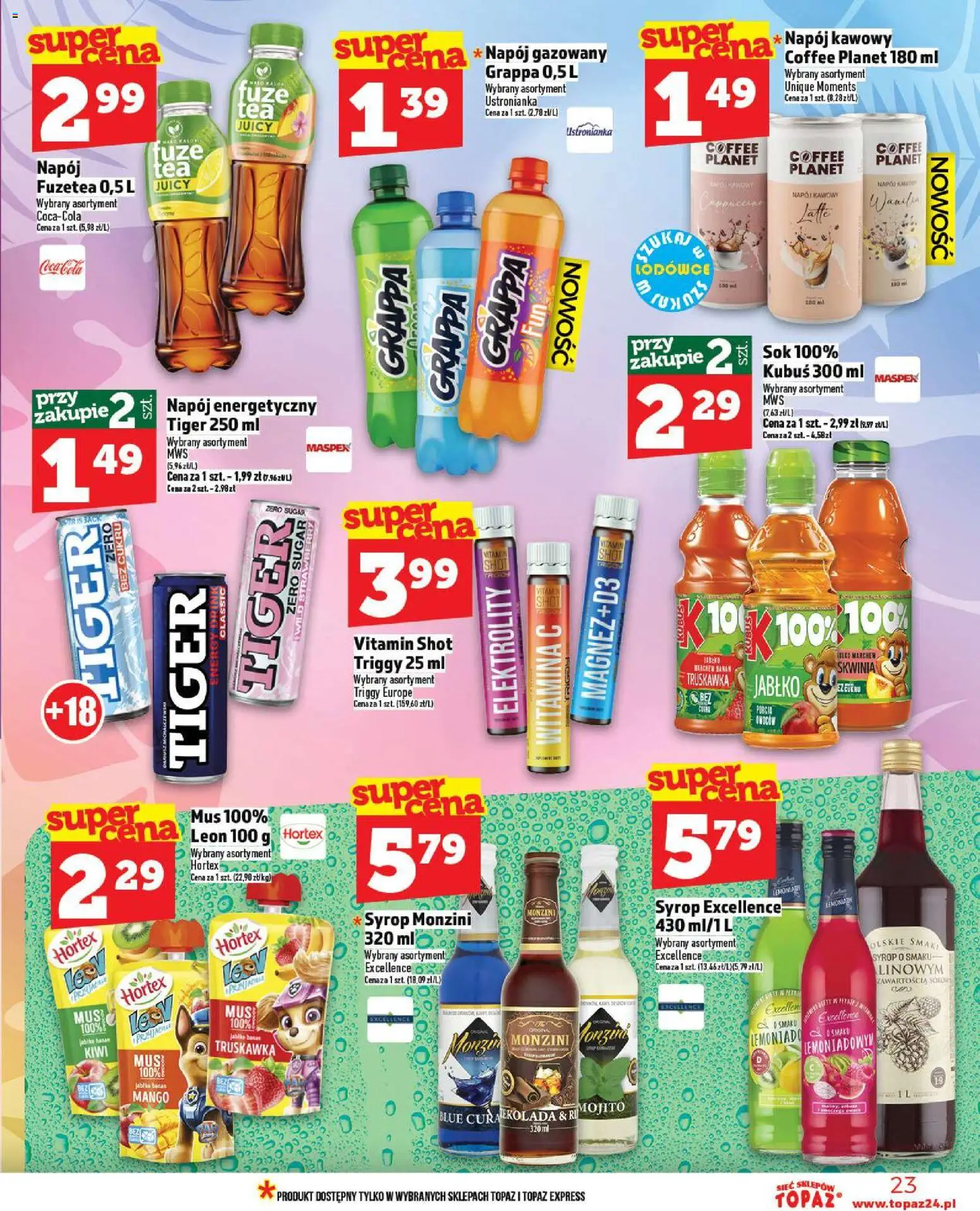 Topaz Gazetka MAZ od 30.10.2025 | Strona: 23 | Produkty: Grappa, Sok, Banan, Kiwi