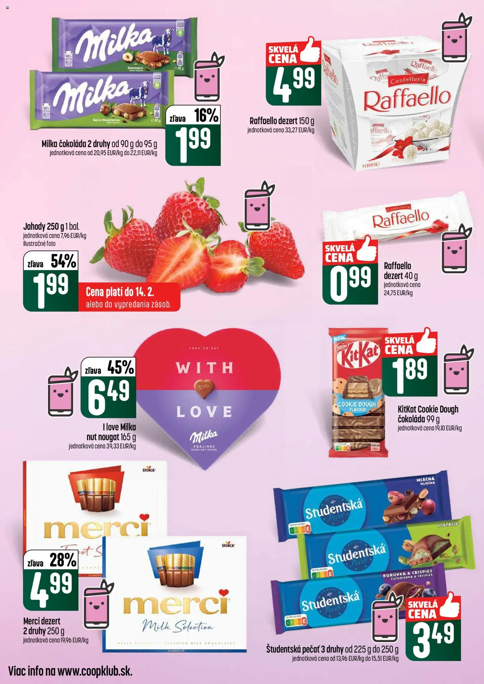 Nové COOP Jednota akcie – leták je platný od 12.02.2026 | Strana: 42 | Produkty: Merci, Jahody, Študentská pečať, Milka