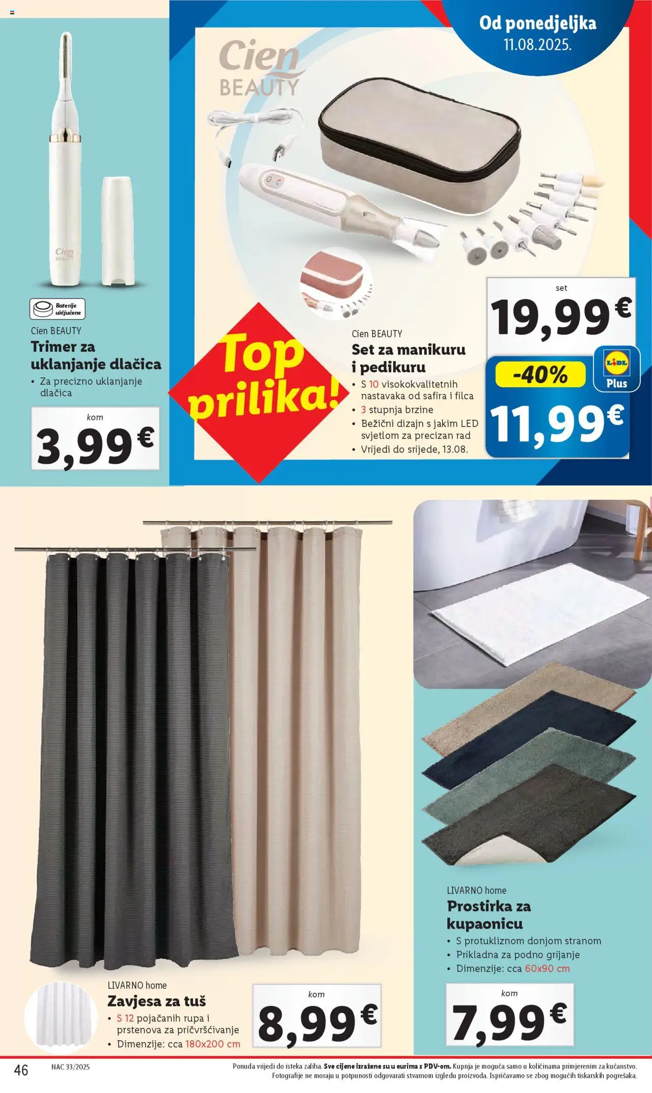 Lidl katalog | vrijedi od 11.08.2025 | Stranica: 46 | Proizvodi: Tuš, Zavjesa, Baterije, Trimer