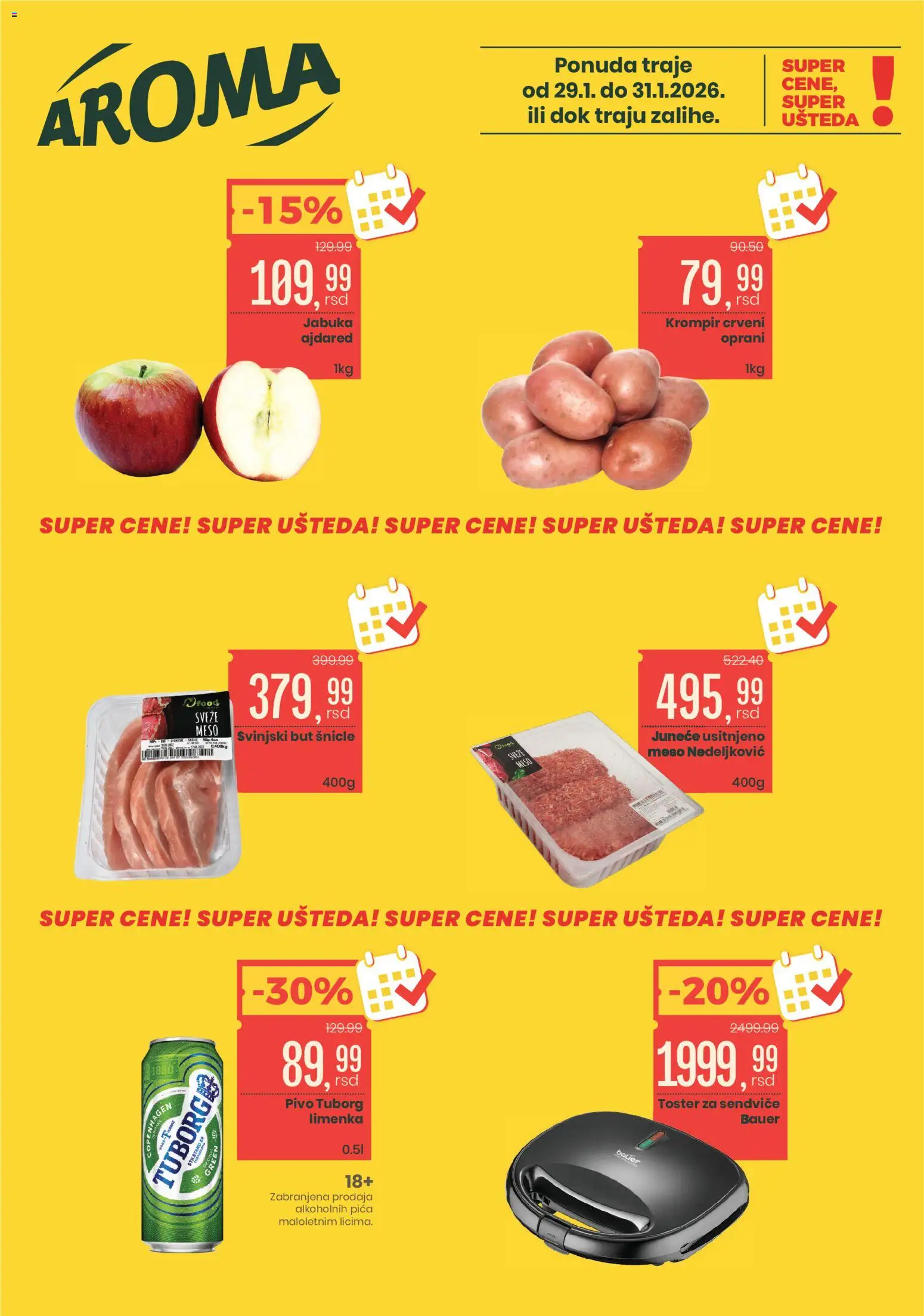 Aroma Market katalog - važi od 29.01.2026 | Strana: 1 | Proizvode: Toster, Tuborg, Pivo, Svinjski but