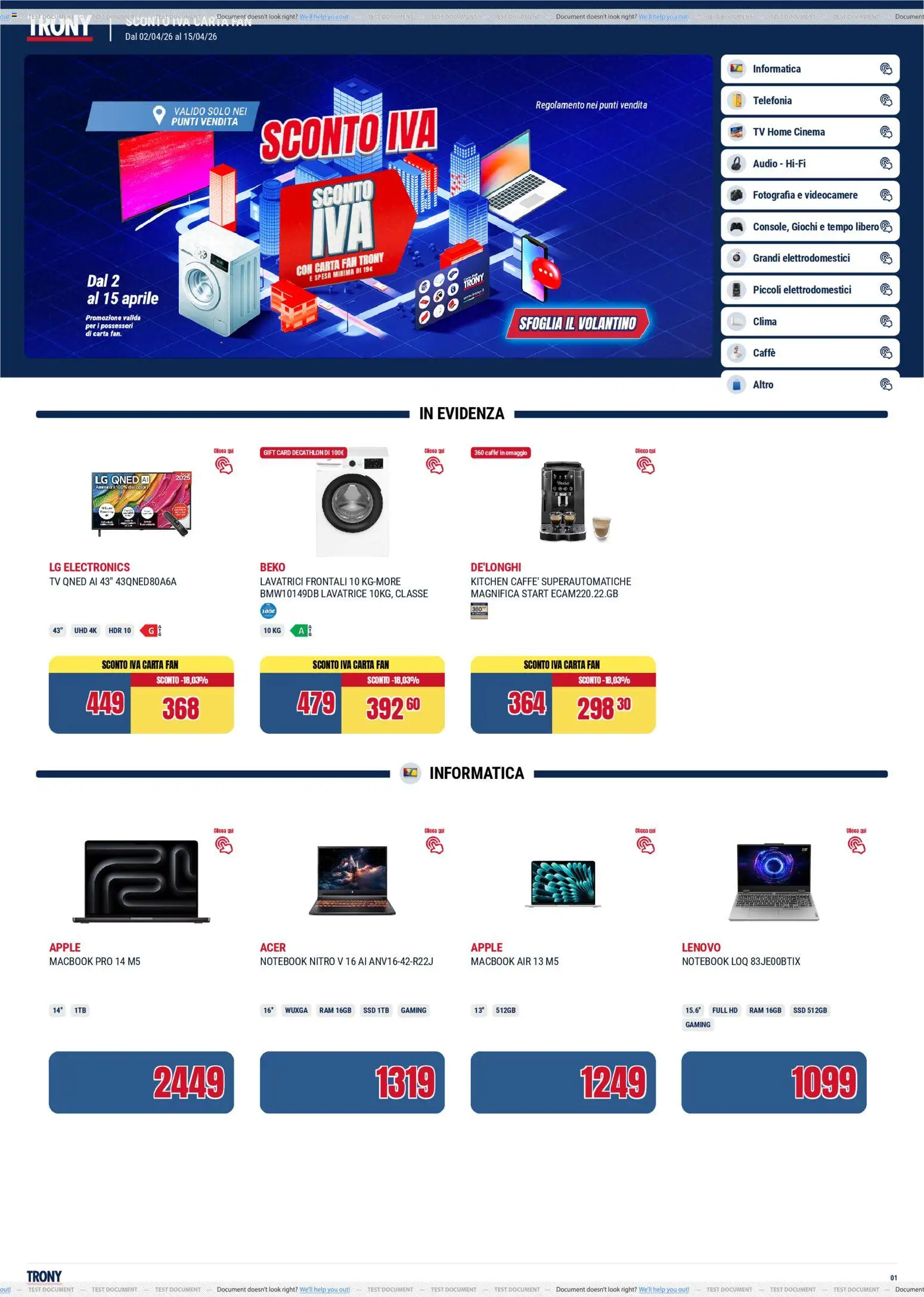 Volantino Trony del 02.04.2026 | Pagina: 1 | Prodotti: Macbook air, Caffè, Lavatrice, Macbook