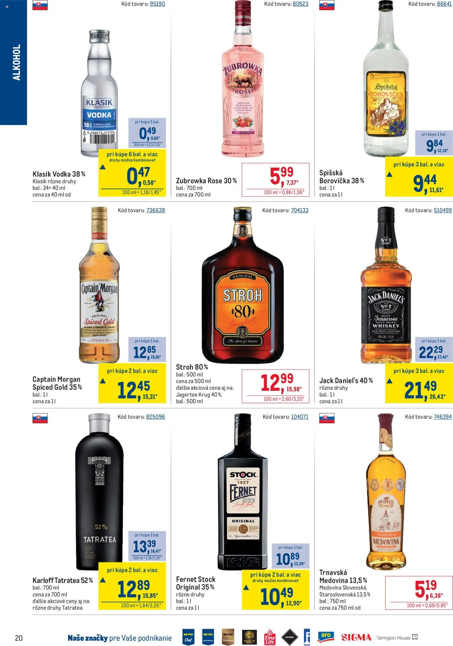 Nové Metro akcie – leták je platný od 19.11.2025 | Strana: 20 | Produkty: Borovička, Vodka, Fernet, Alkohol