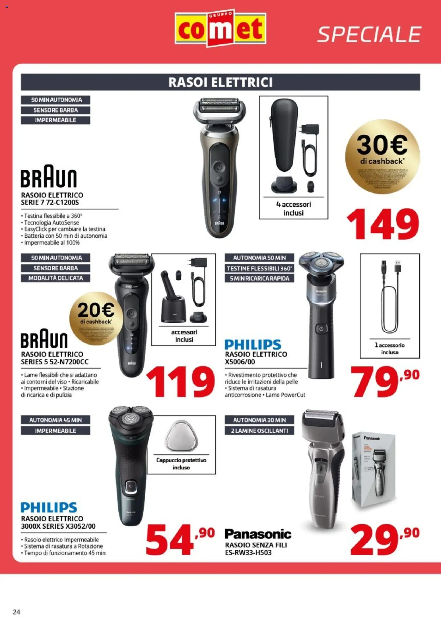 Volantino Comet del 09.01.2026 | Pagina: 24 | Prodotti: Rasoio, Cappuccio, Rasoio elettrico, Batteria