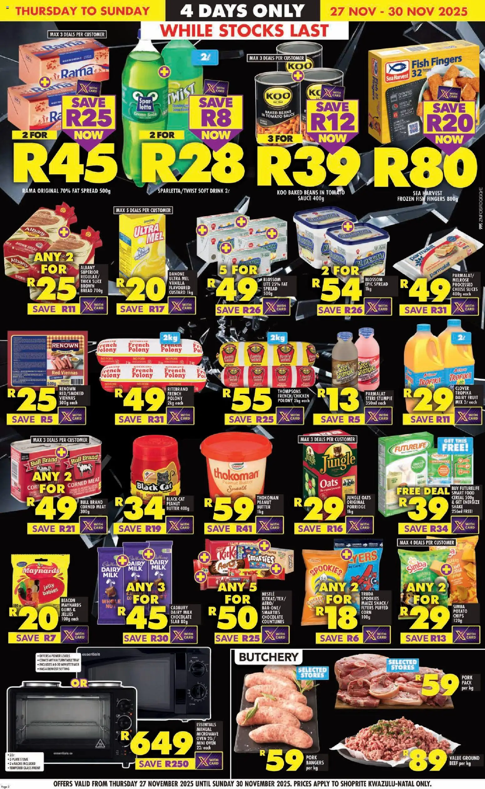 New Shoprite catalogue – valid from 27.11.2025 | Page: 2 | Products: Custard, Microwave oven, Stove, Paper