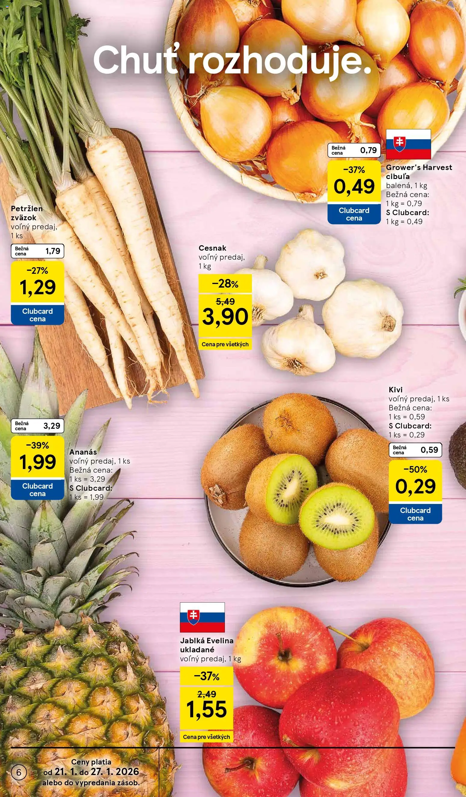 Nové Tesco akcie – leták je platný od 21.01.2026 | Strana: 6 | Produkty: Cesnak, Ananás, Kiwi, Petržlen