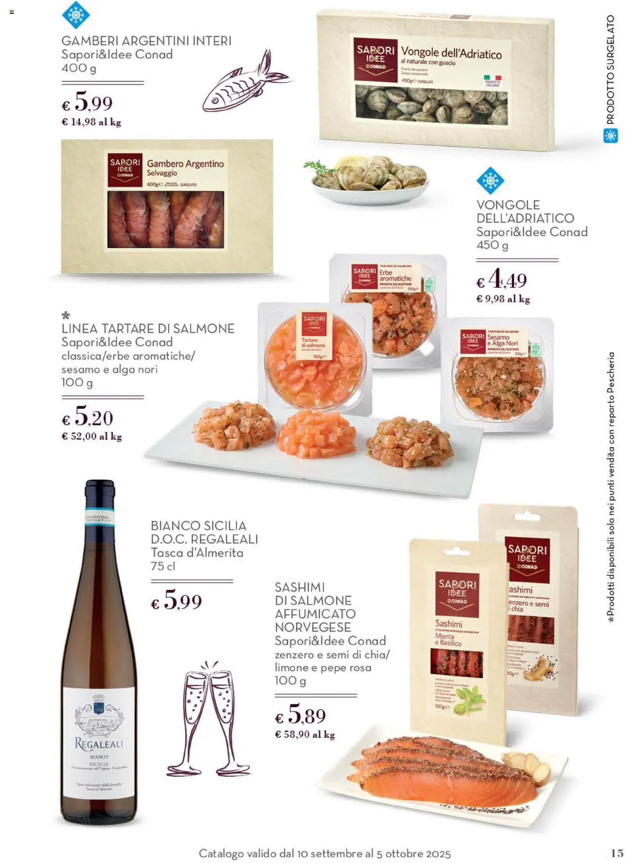 Volantino Conad del 10.09.2025 | Pagina: 15 | Prodotti: Salmone affumicato, Salmone, Vongole, Limone