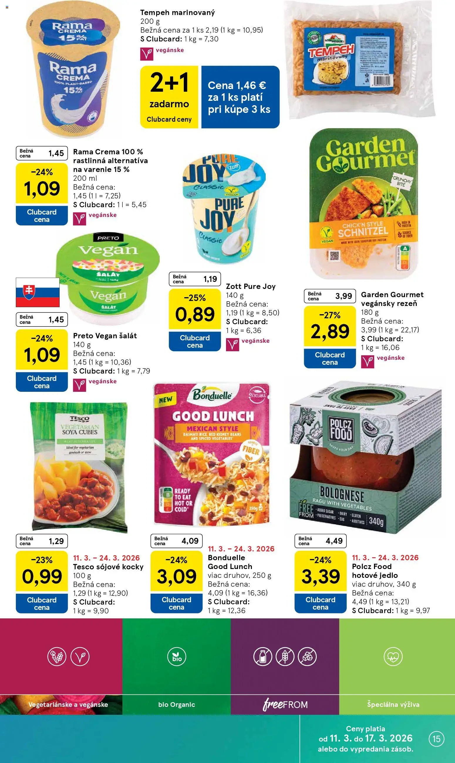Nové Tesco akcie – leták je platný od 11.03.2026 | Strana: 15 | Produkty: Šalát, Rama, Tempeh