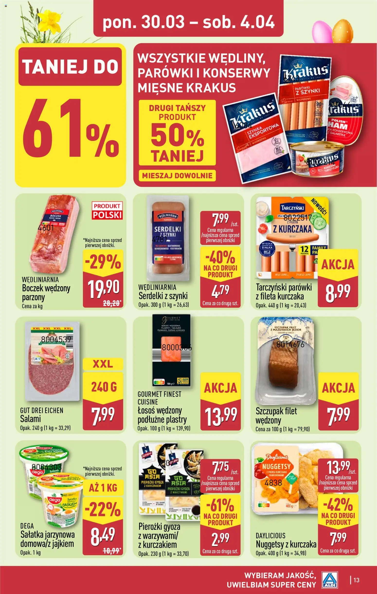 Aldi gazetka od 30.03.2026 | Strona: 13 | Produkty: Parówki z szynki, Gyoza, Boczek wędzony, Łosoś