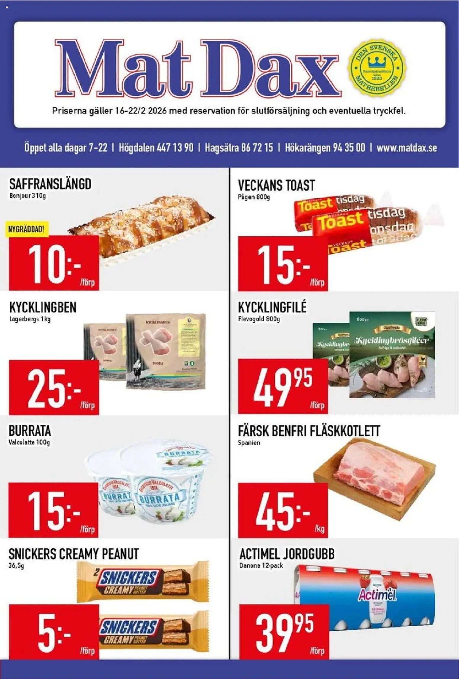 Matdax reklamblad aktuell från 16.02.2026 | Sida: 1 | Produkter: Kycklingfile, Burrata, Galler
