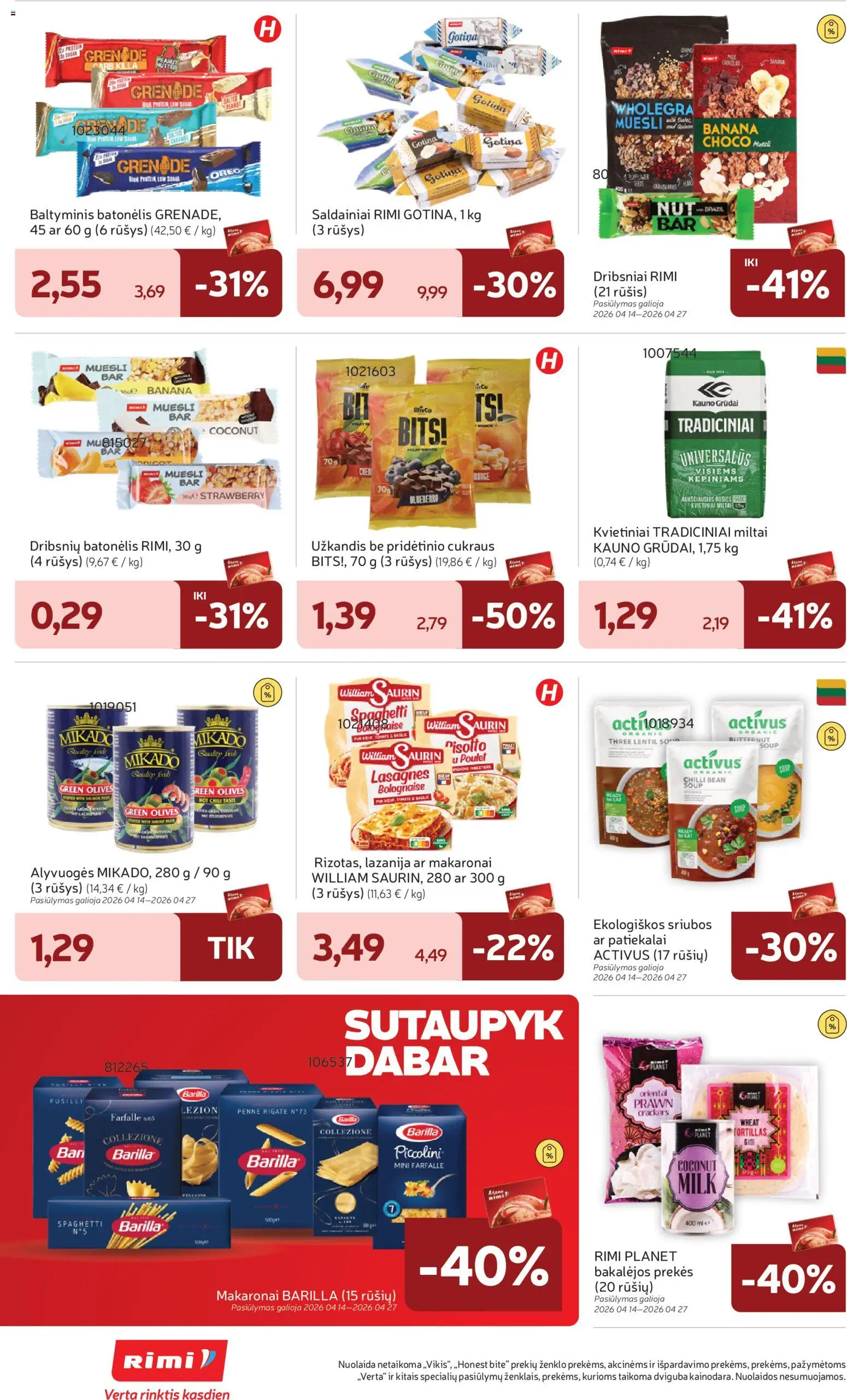 Rimi akcijos nuo 14.04.2026 | Puslapis: 26 | Prekių: Miltai, Saldainiai, Dribsniai, Makaronai
