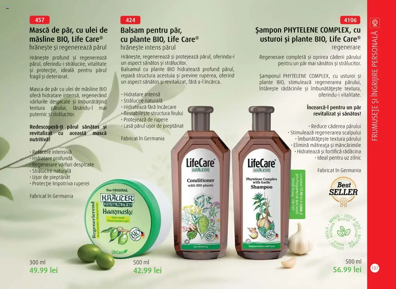 Noul catalog Life Care – valabil de la 01.10.2025 | Pagină: 109 | Produse: Măsline, Mască de păr, Ulei, Usturoi