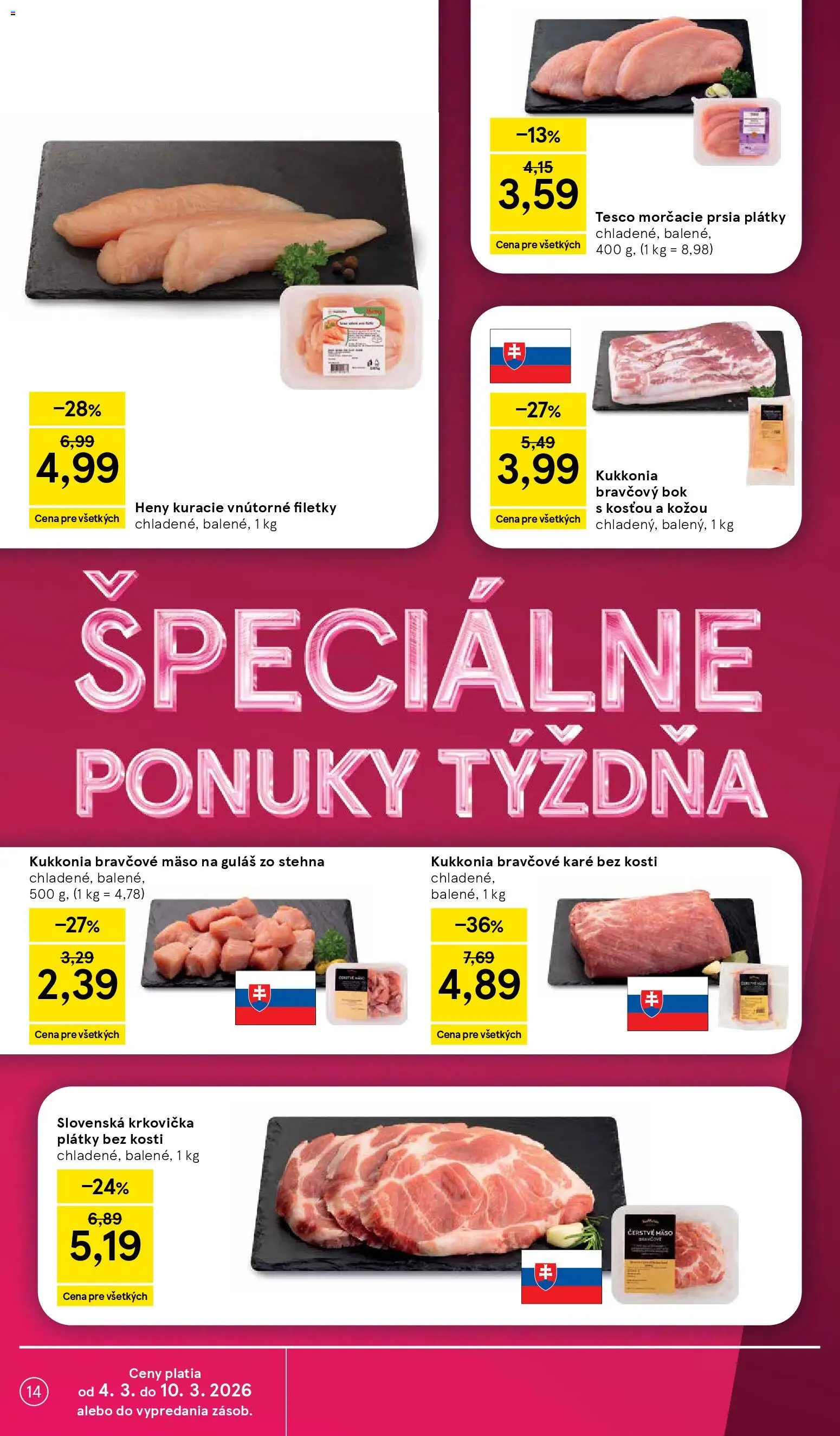 Nové Tesco akcie – leták je platný od 04.03.2026 | Strana: 14 | Produkty: Krkovička, Bravčové mäso, Bravčové karé