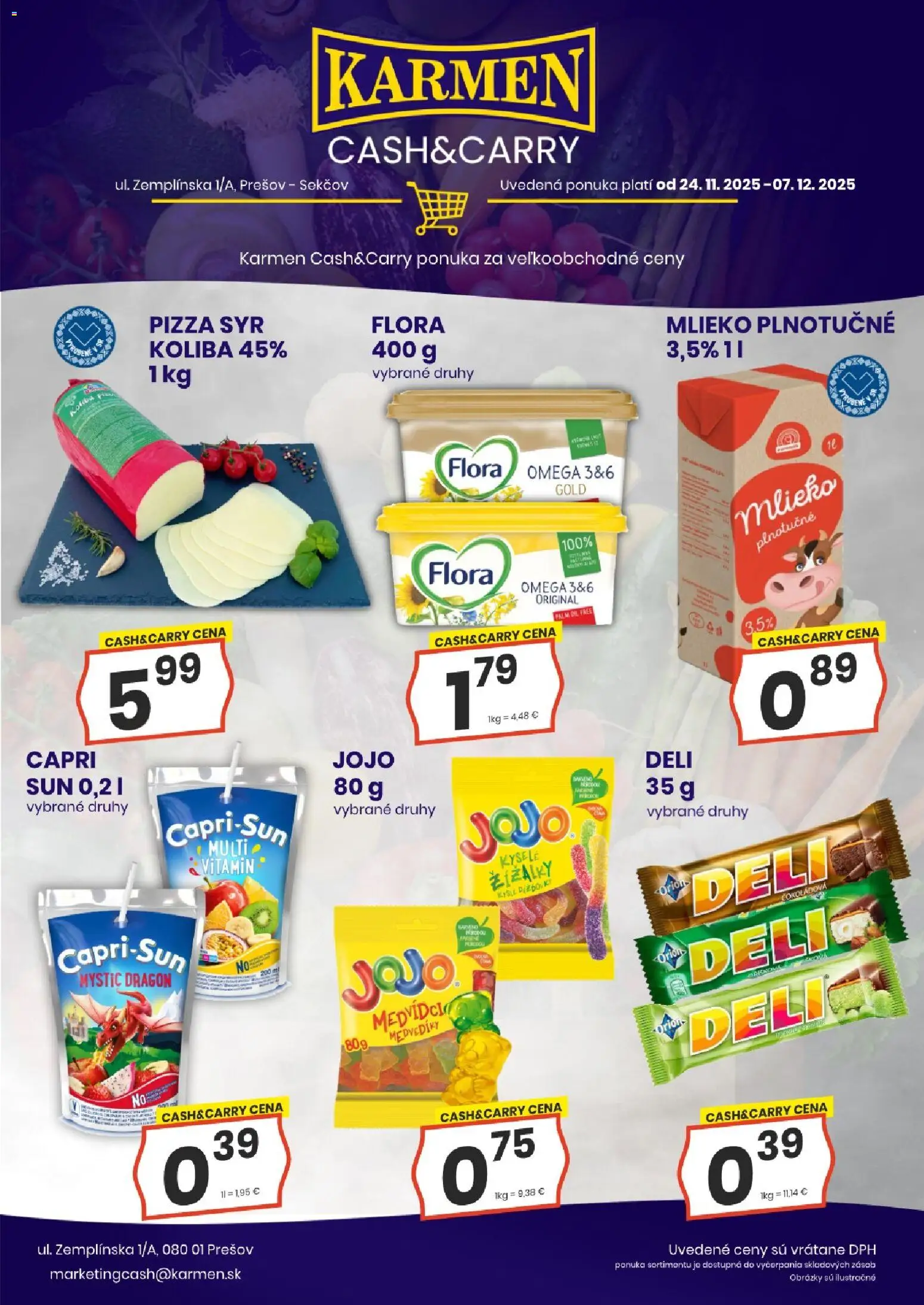 Nové KARMEN CBA akcie – leták je platný od 24.11.2025 | Strana: 2 | Produkty: Mlieko, Syr, Pizza, Flora