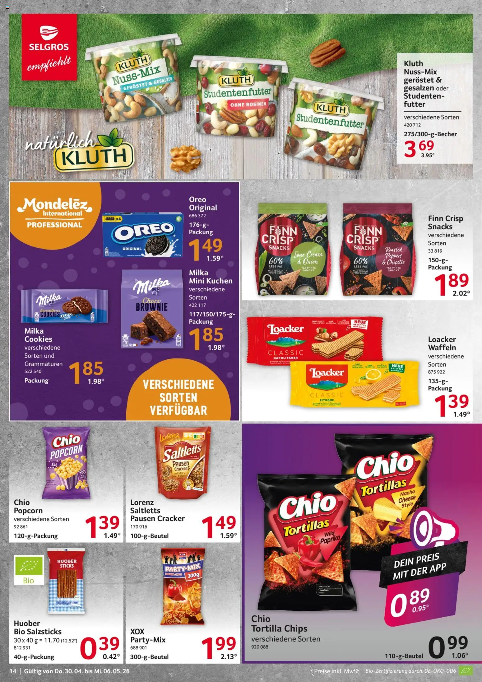 Selgros Prospekt 	 – gültig ab 30.04.2026 | Seite: 14 | Produkte: Milka, Rosinen, Kuchen, Chips