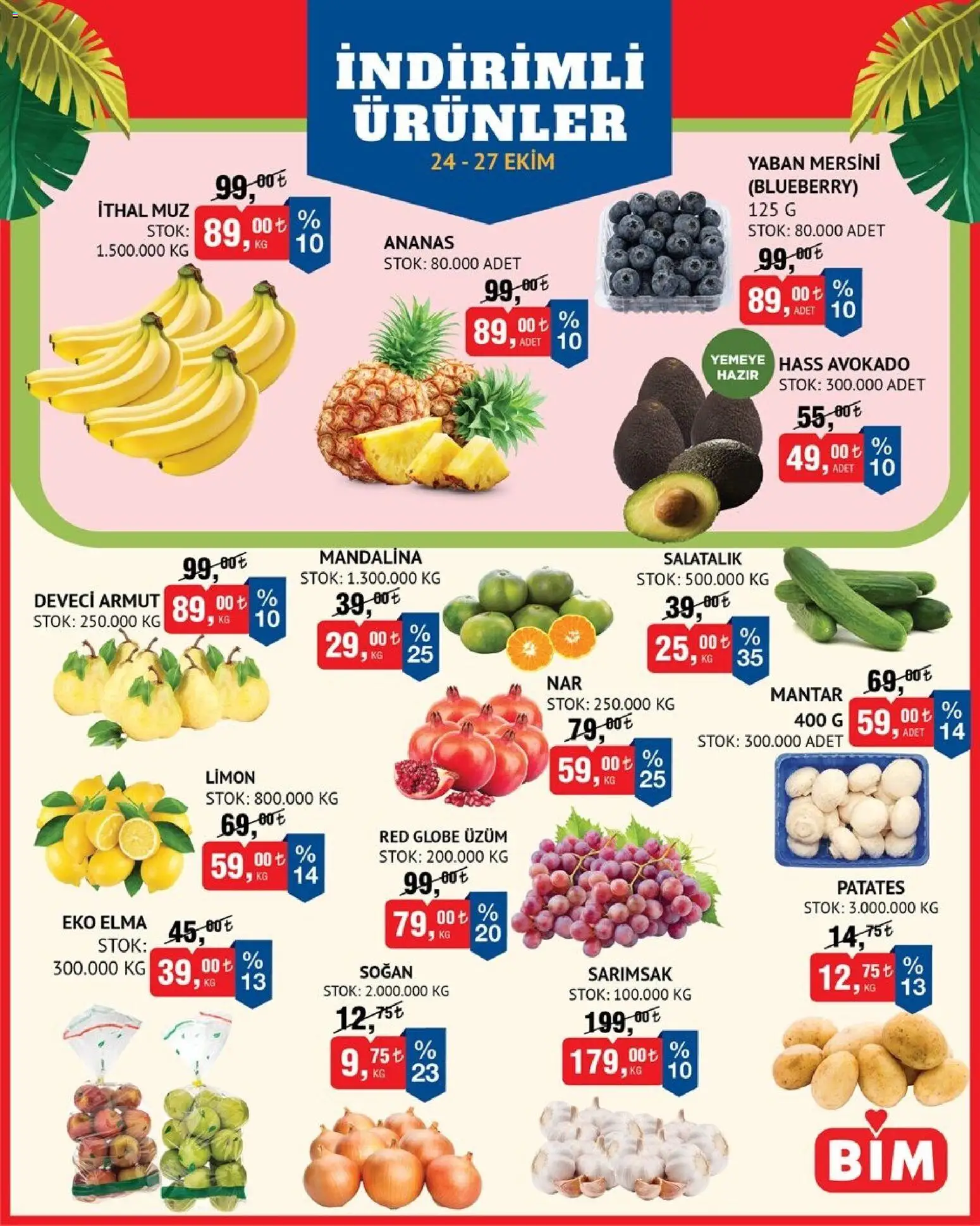 BİM - Meyve-Sebze, İndirim - 24.10.2025 tarihinden itibaren geçerlidir | Sayfa: 1 | Ürünler: Muz, Ananas, Armut, Yaban mersini