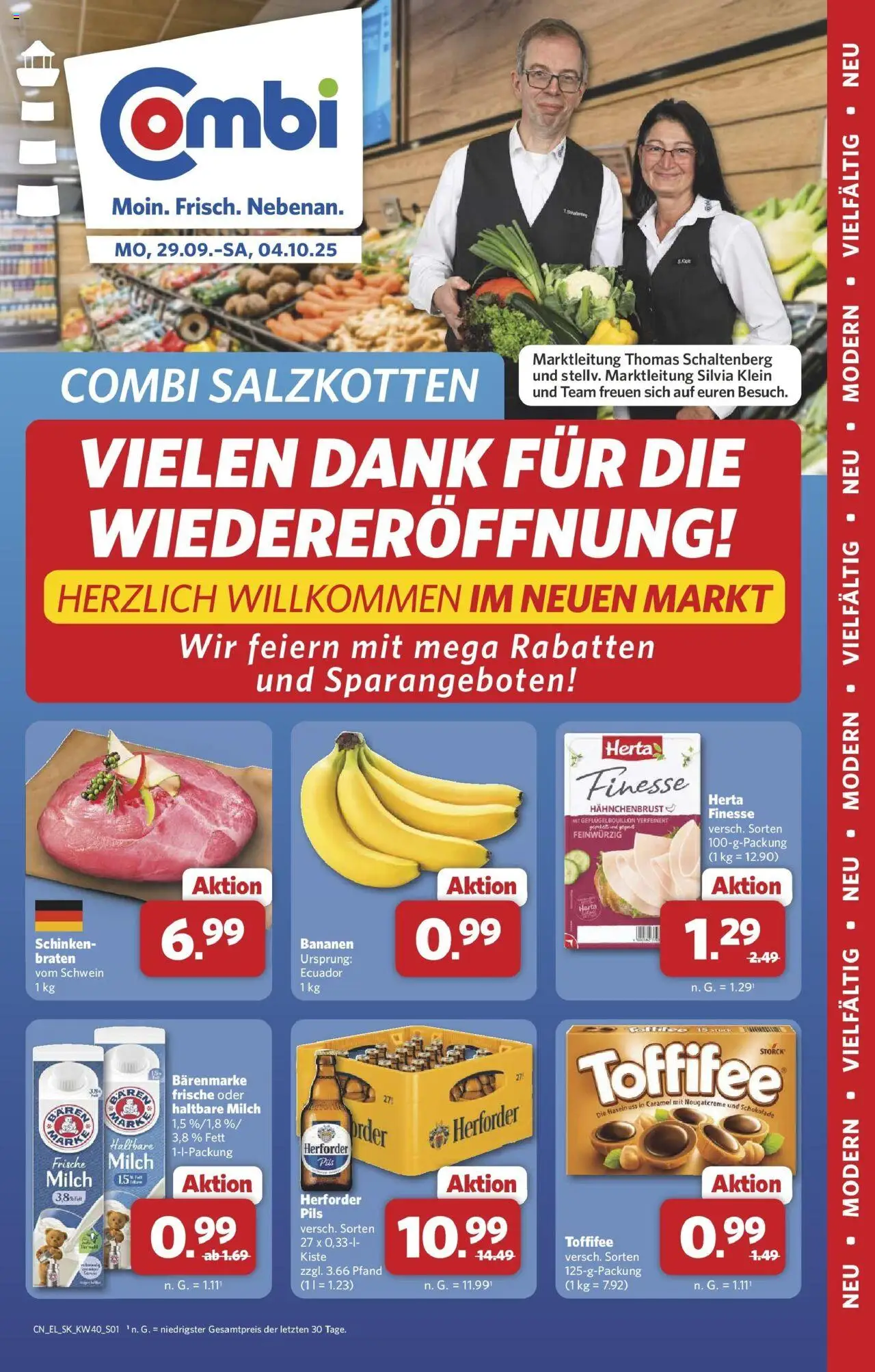 Combi Prospekt Salzkotten	 – gültig ab 28.09.2025 | Seite: 1 | Produkte: Haltbare milch, Pils, Toffifee, Herta finesse
