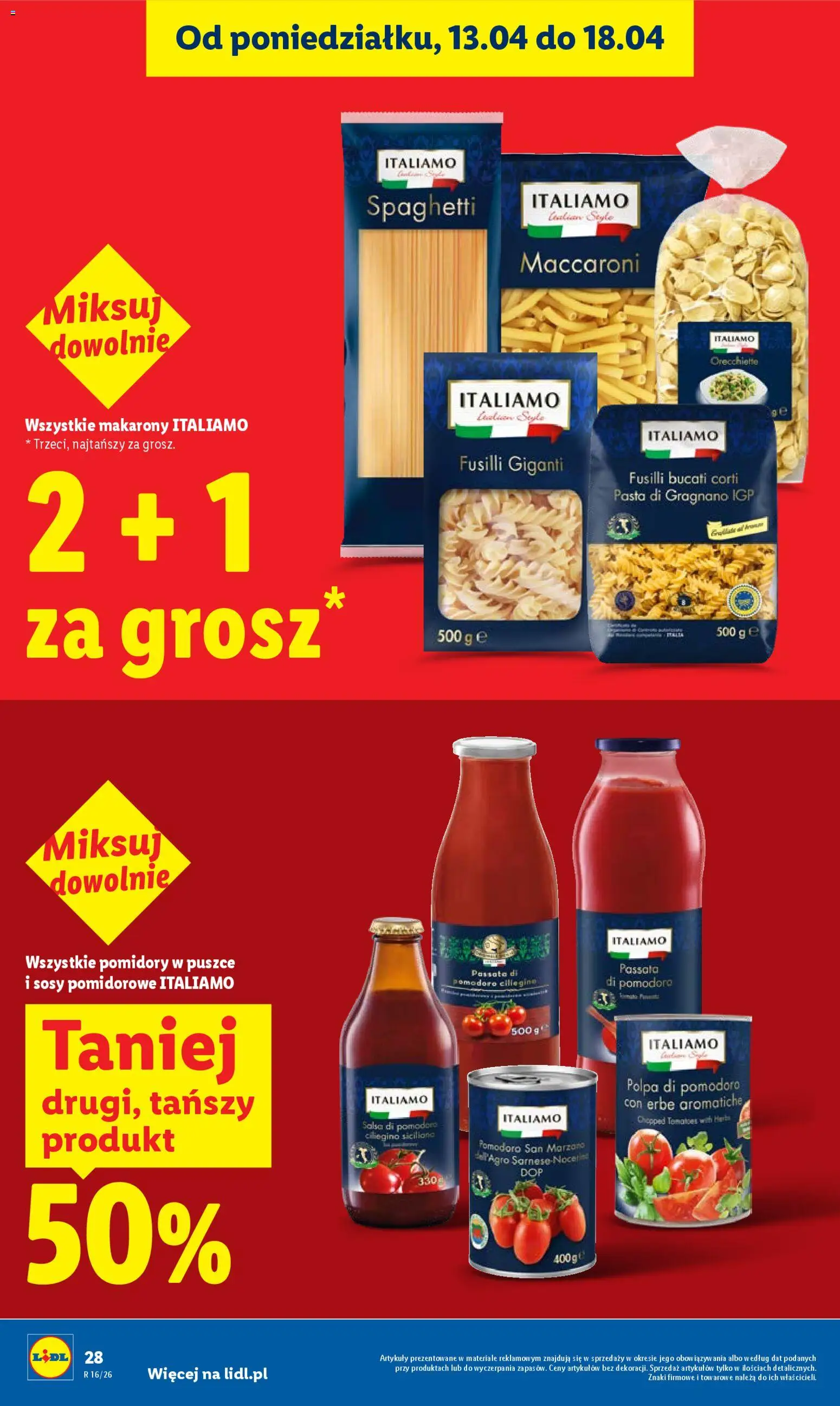 Lidl gazetka od 16.04.2026 | Strona: 28 | Produkty: Pomidory w puszce, Pomidory, Makarony