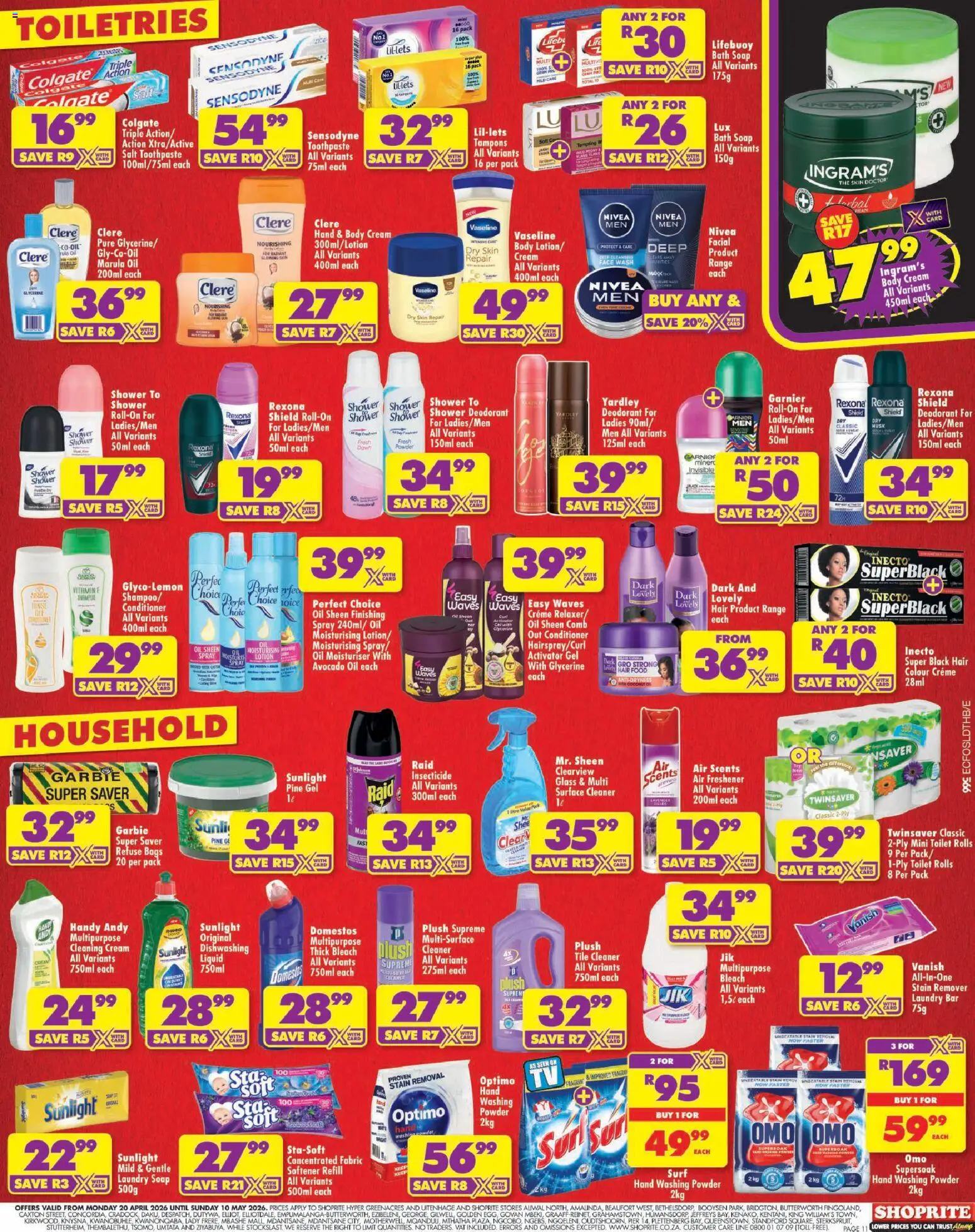 New Shoprite catalogue – valid from 20.04.2026 | Page: 11 | Products: Oil, Cream, Dishwashing liquid, Lotion