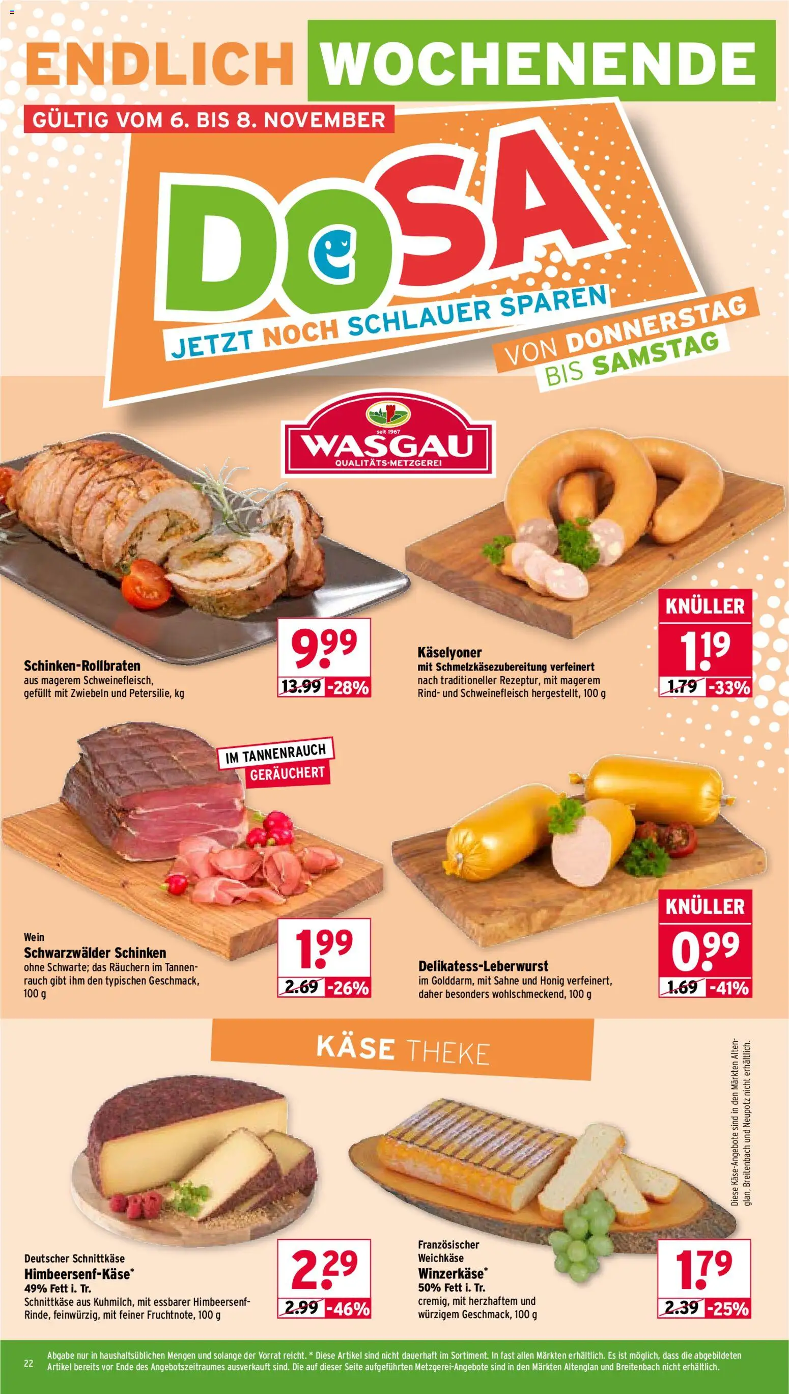 Wasgau Prospekt 	 – gültig ab 03.11.2025 | Seite: 22 | Produkte: Schinken, Wein, Schweinefleisch, Sahne