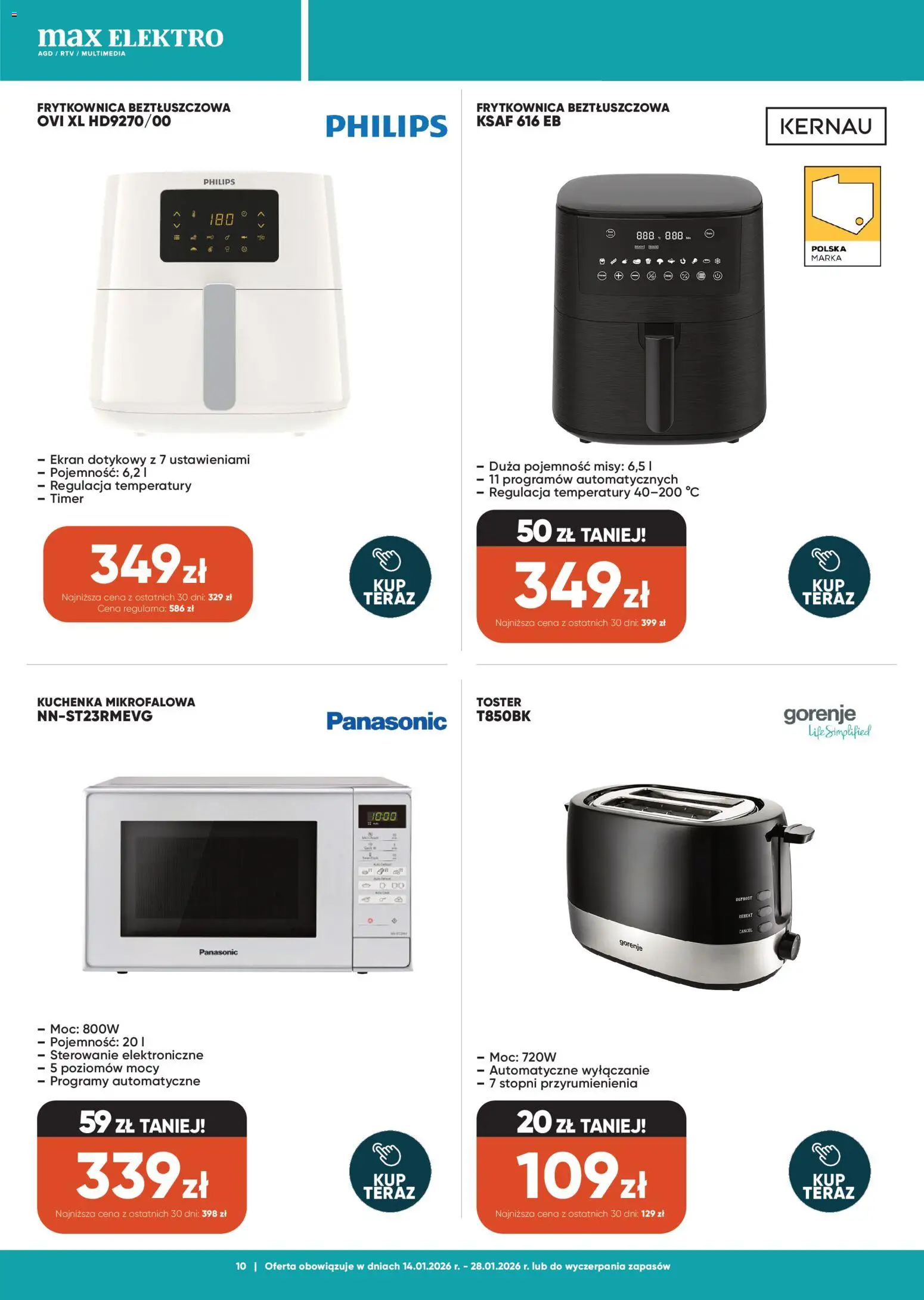 Max elektro Gazetka od 14.01.2026 | Strona: 10 | Produkty: Kuchenka mikrofalowa, Kuchenka, Toster, Frytkownica