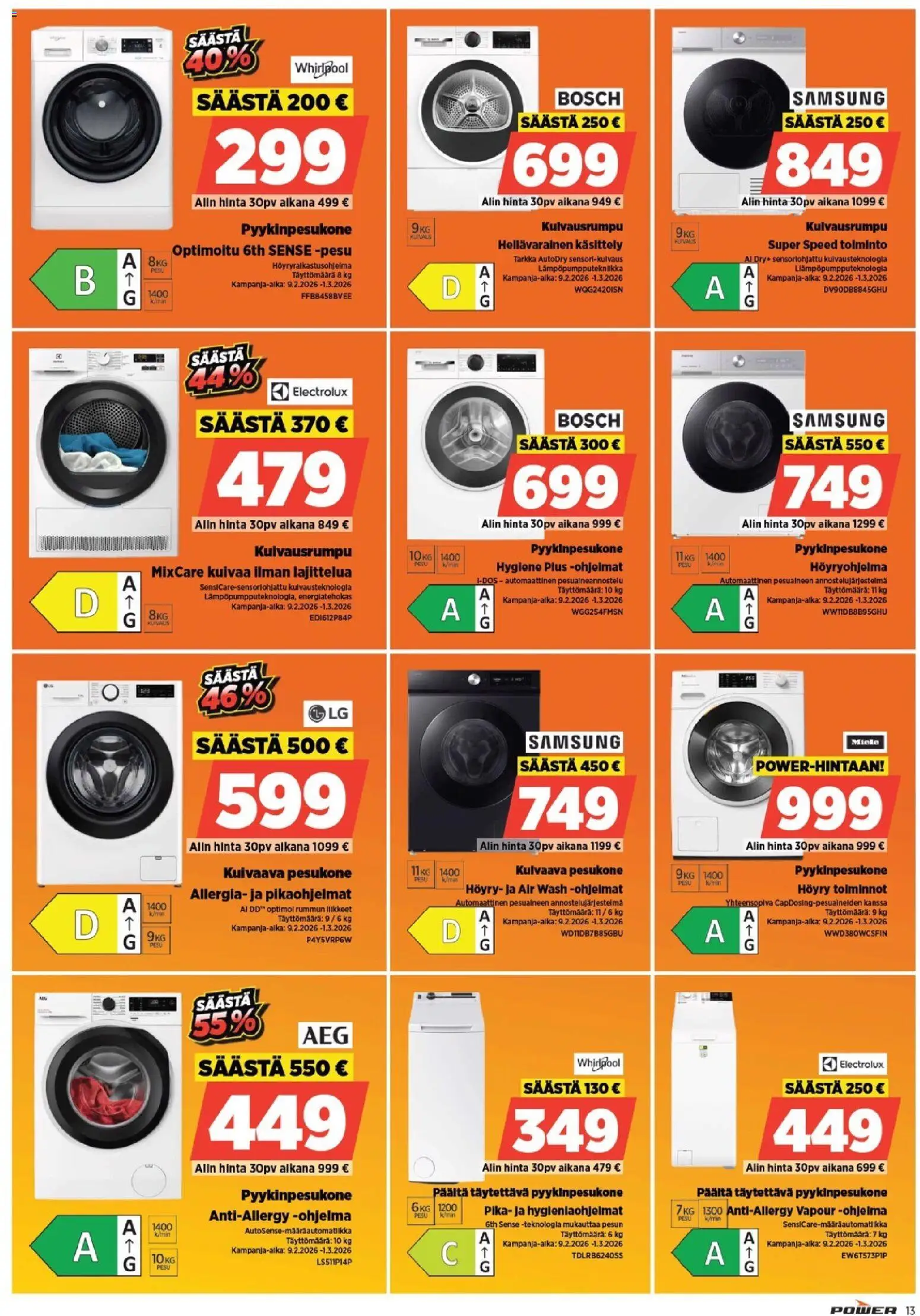 Power tarjoukset – voimassa 23.03.2026 alkaen | Sivu: 13 | Tuotteet: Pesukone, Kuivausrumpu, Kuivaava pesukone