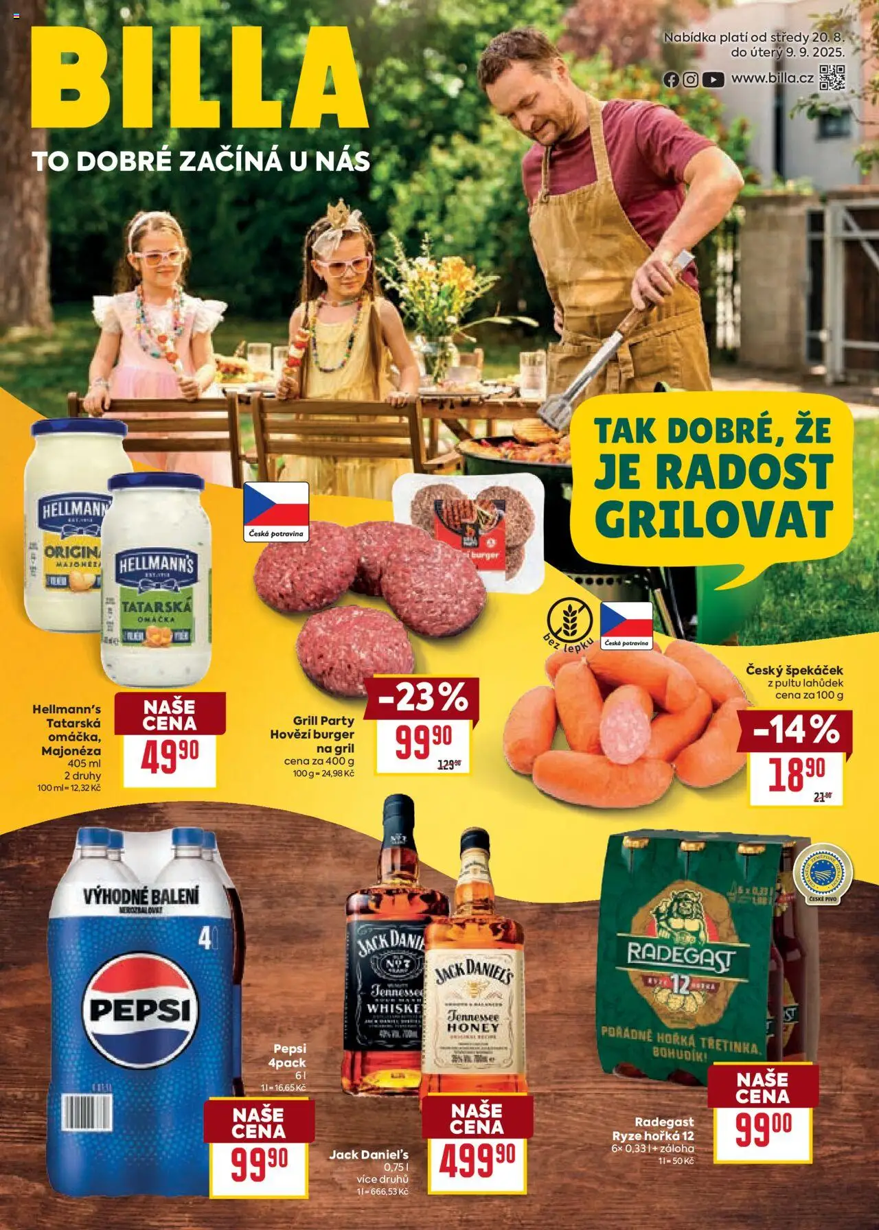Billa leták - Grilování od 20.08.2025 | Strana: 1 | Produkty: Pivo, Hellmann's, Radegast, Tatarská omáčka