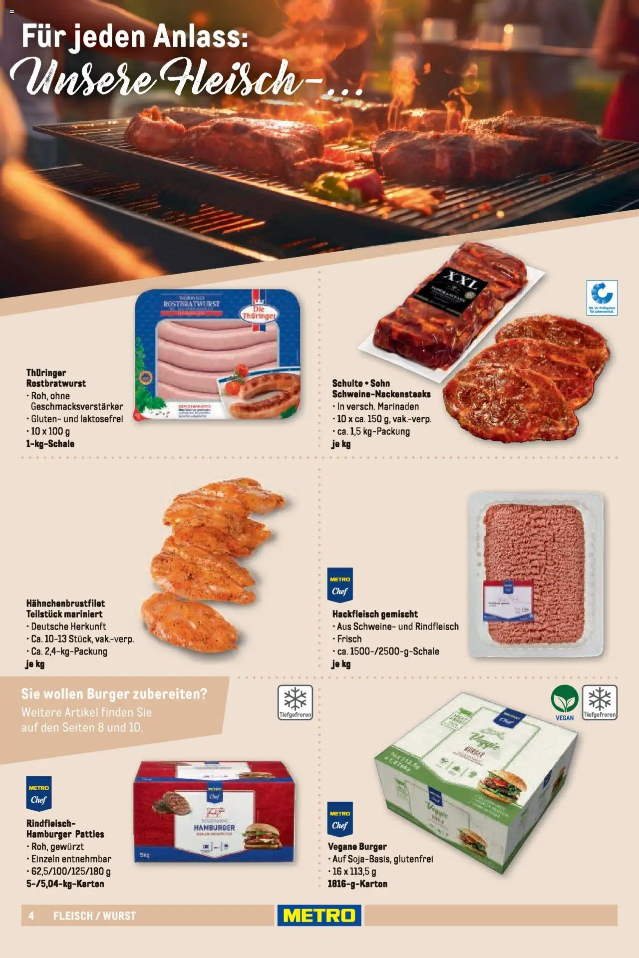 Metro Sortimentskatalog Vereine & Feste – gültig ab 01.06.2024 | Seite: 4 | Produkte: Burger, Wurst, Rindfleisch