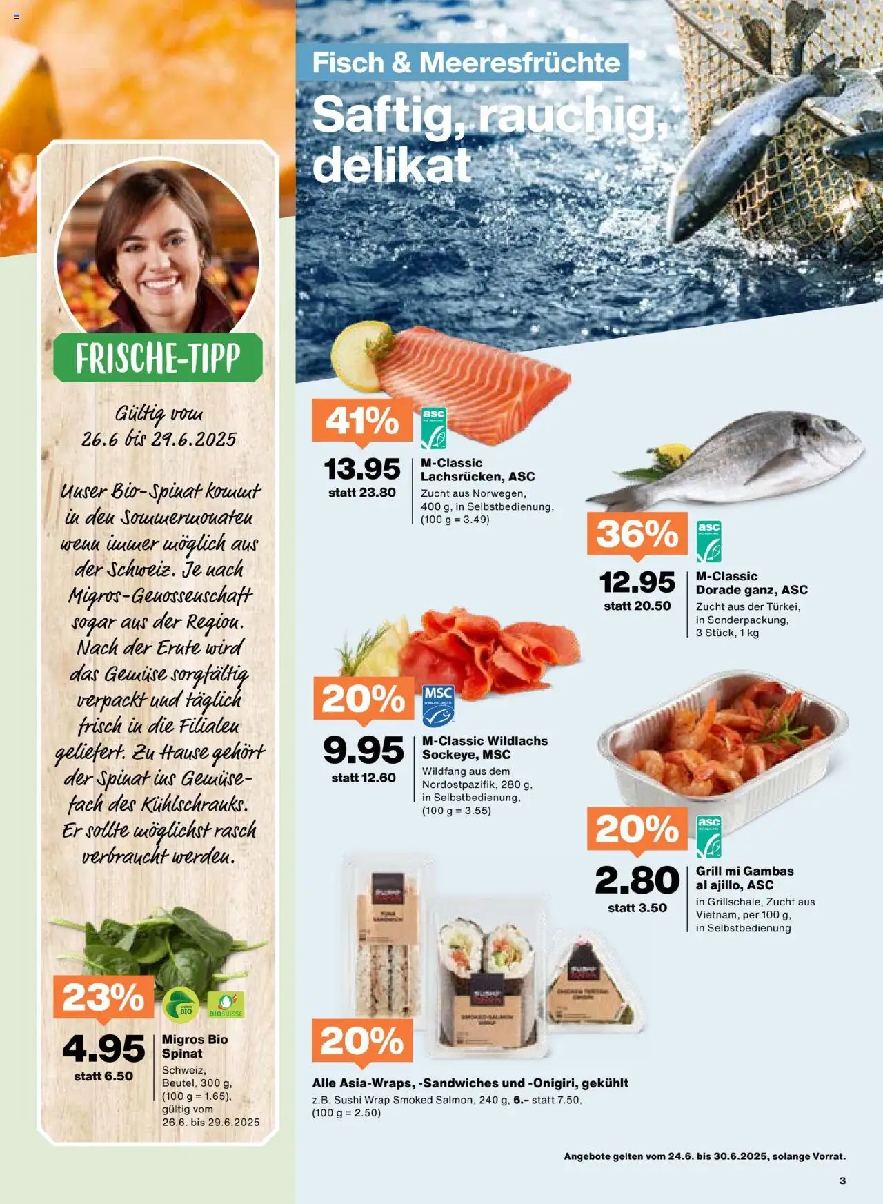 Migros Aktionen ab 24.06.2025 | Seite: 3 | Produkte: Fisch, Gemüse, Meeresfrüchte, Grill