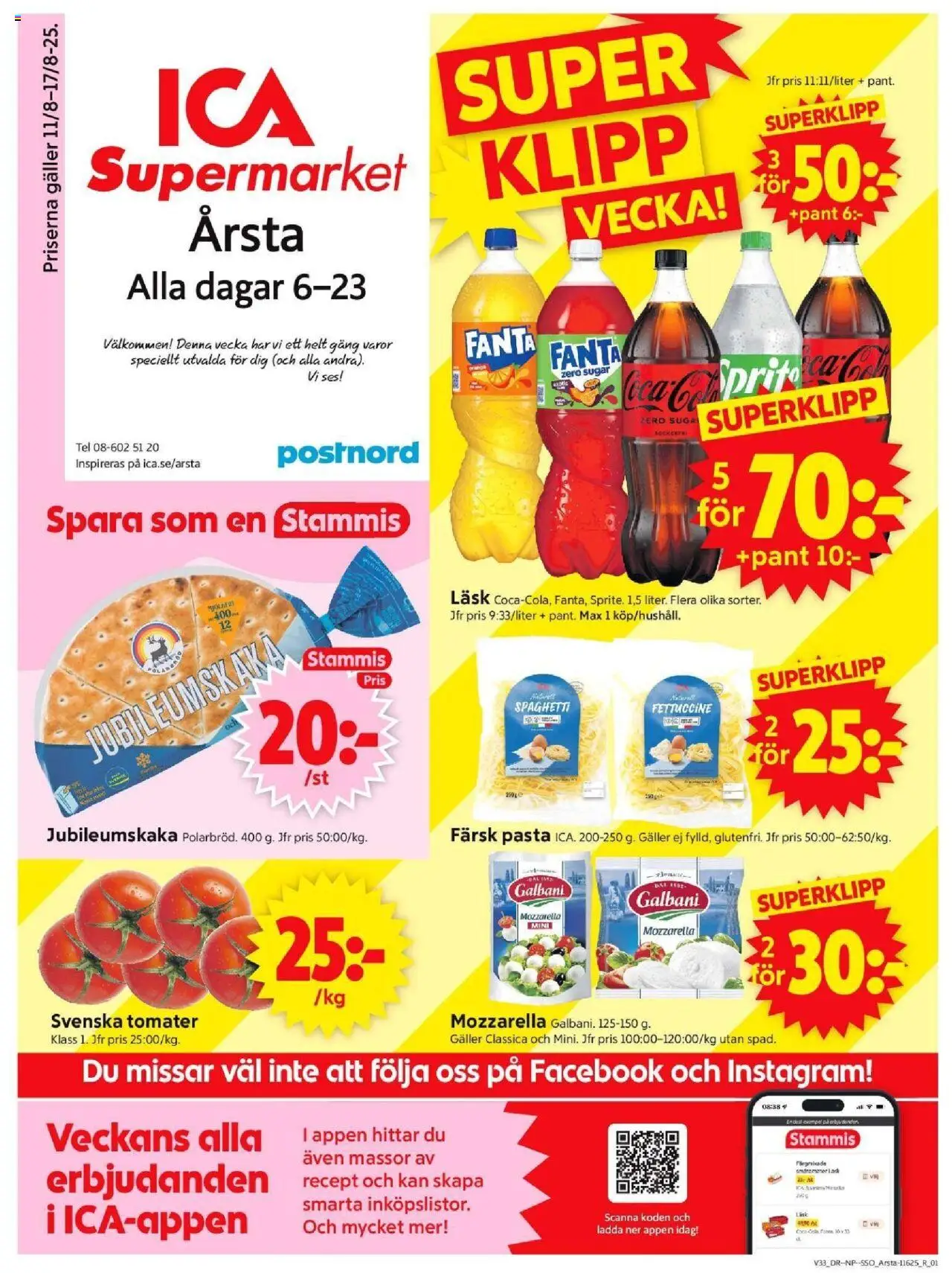 ICA Supermarket reklamblad aktuell från 11.08.2025 | Sida: 1 | Produkter: Galler, Tomater, Spaghetti, Pasta